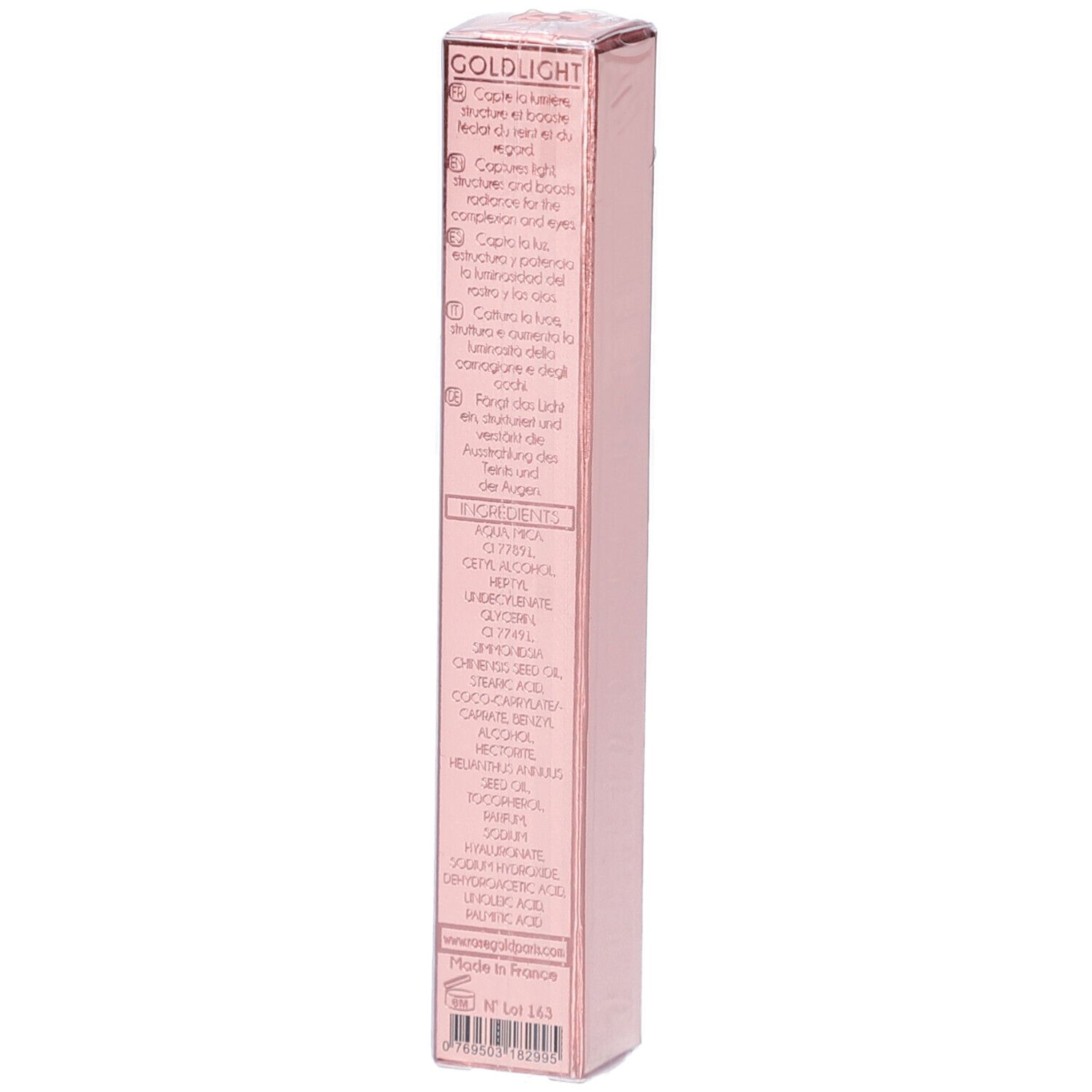 Rückseite der Roségold Goldlight Highlighter-Verpackung. Rosa Schachtel mit Text über Inhaltsstoffe und Anwendung.