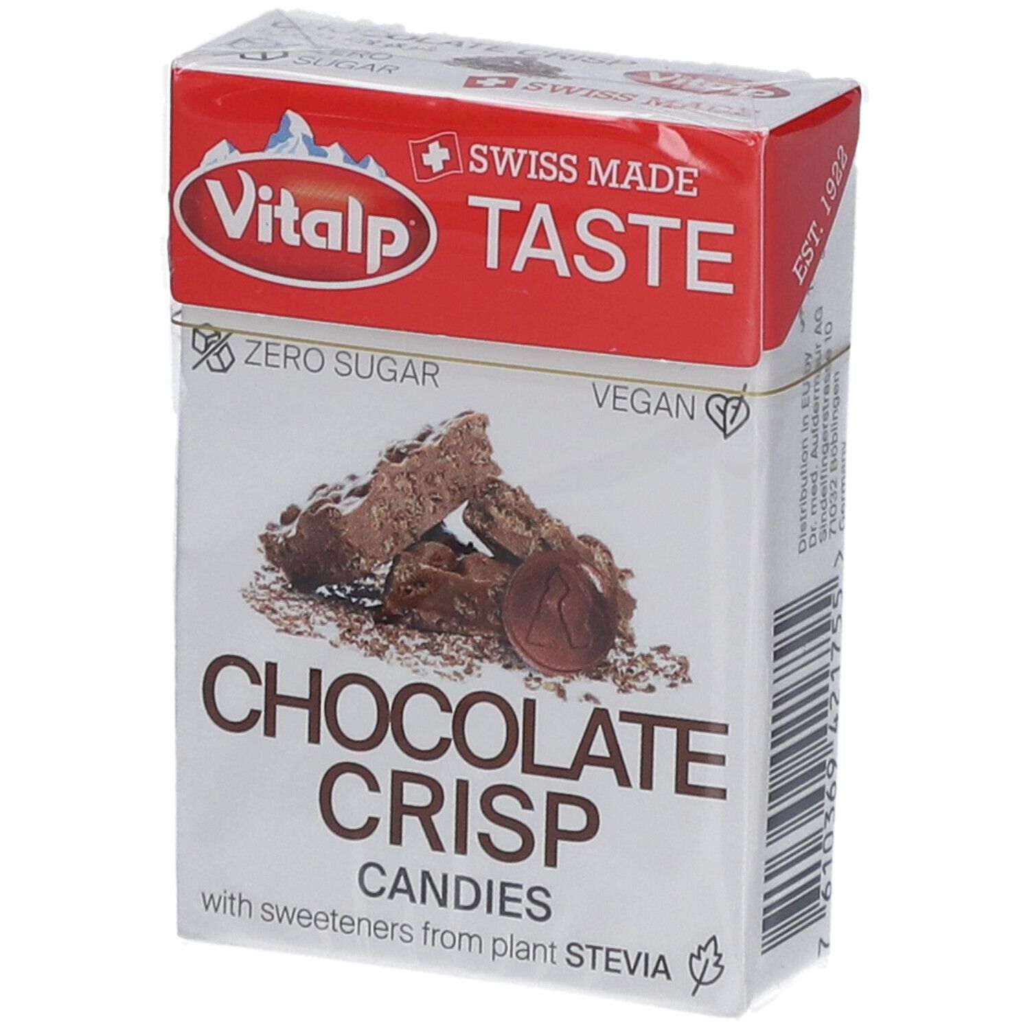 Boîte de VITALP Bonbons sans sucre chocolate crisp. Emballage rouge et blanc avec image du produit et texte. "Zero Sugar" et "Vegan".