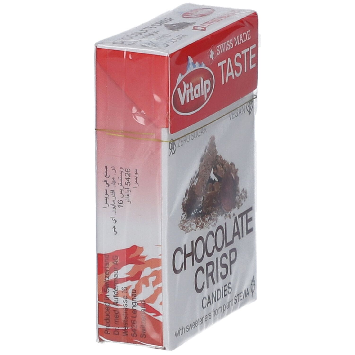 Emballage VITALP Bonbons sans sucre chocolate crisp. Boîte rouge et blanche, vue latérale. Texte et image du produit. "Zero Sugar" et "Vegan".