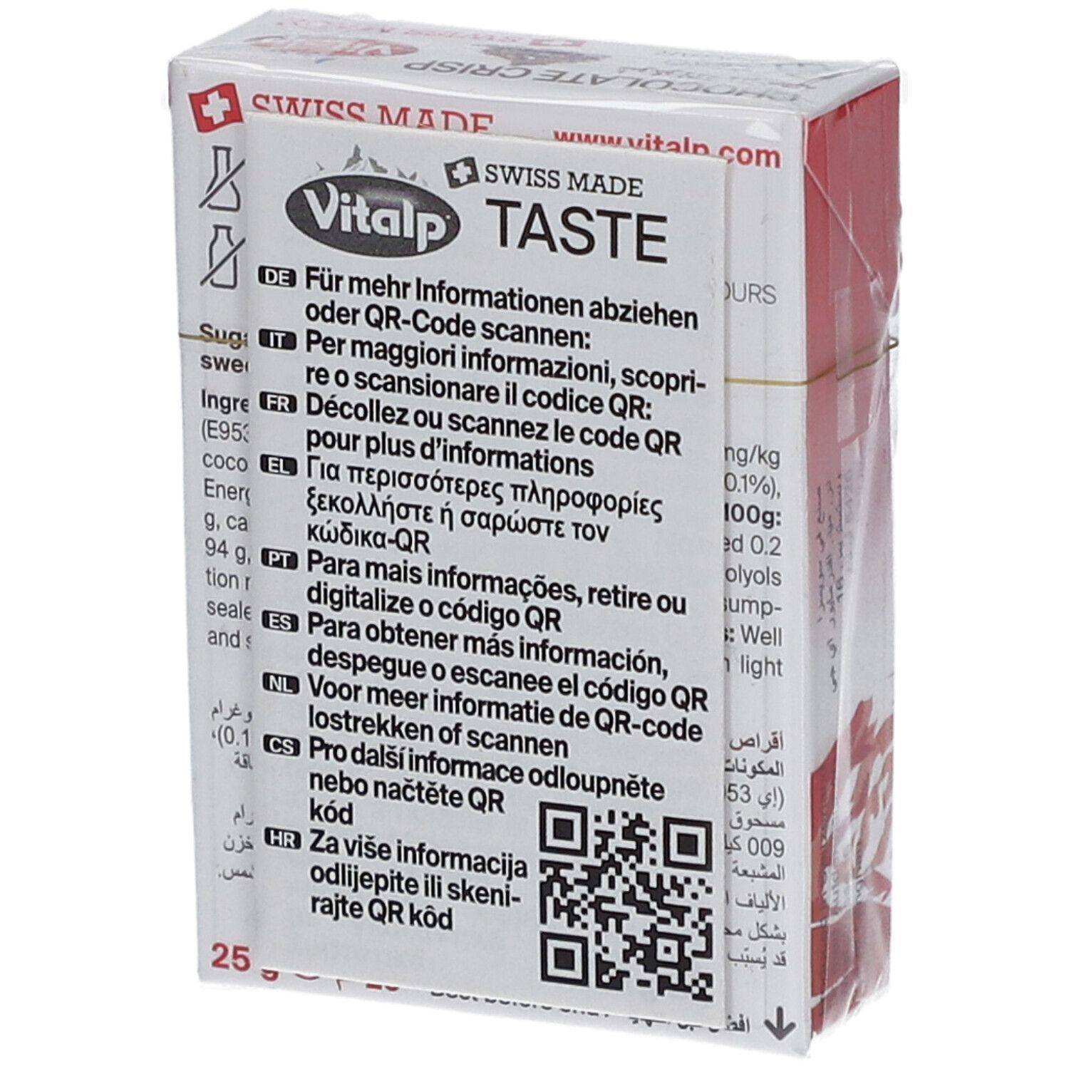 Emballage VITALP Bonbons sans sucre chocolate crisp. Dos de la boîte avec texte et code QR. Couleurs rouge et blanc. Swiss Made.