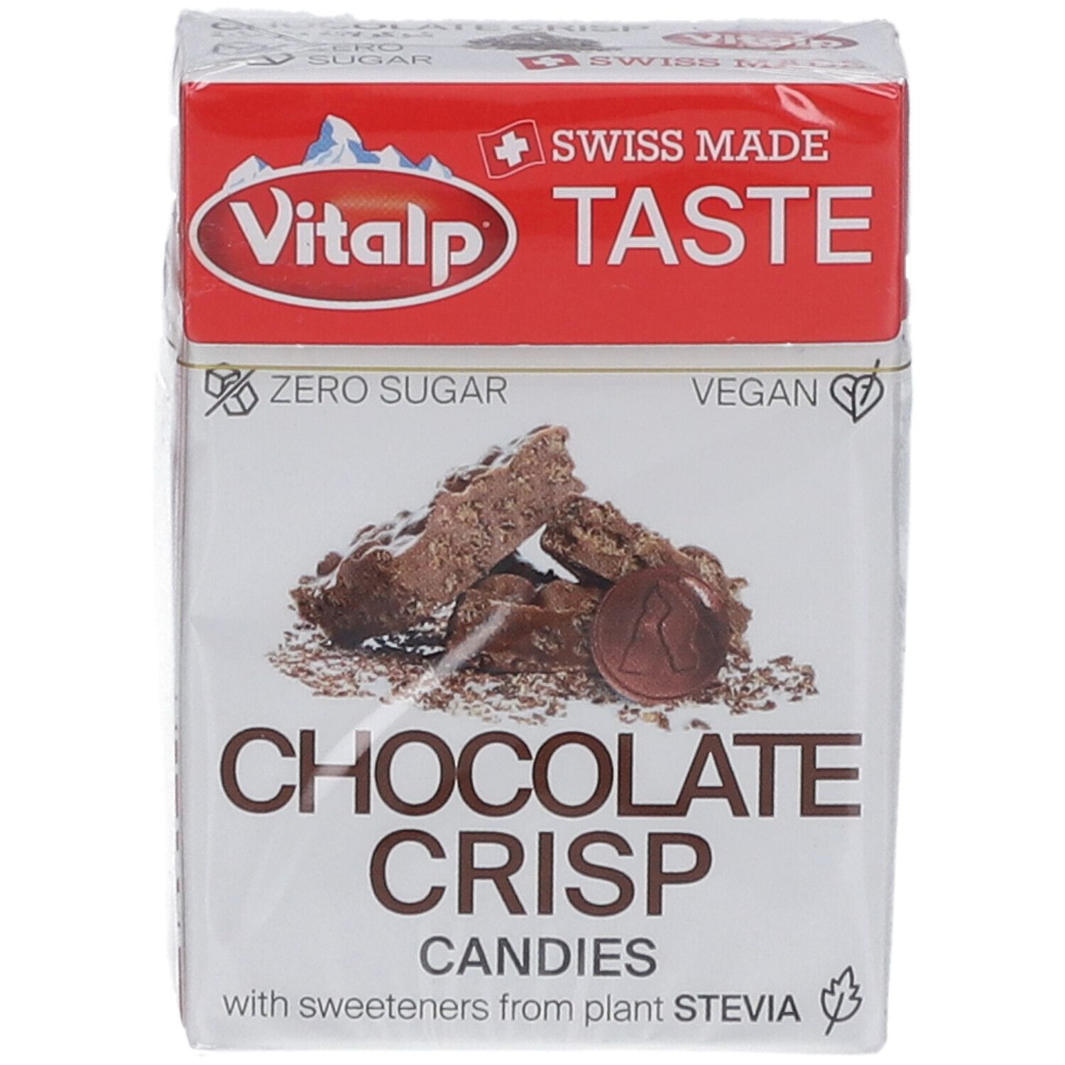 Emballage VITALP Bonbons sans sucre chocolate crisp. Boîte rouge et blanche avec image et texte. "Zero Sugar" et "Vegan". Swiss Made.