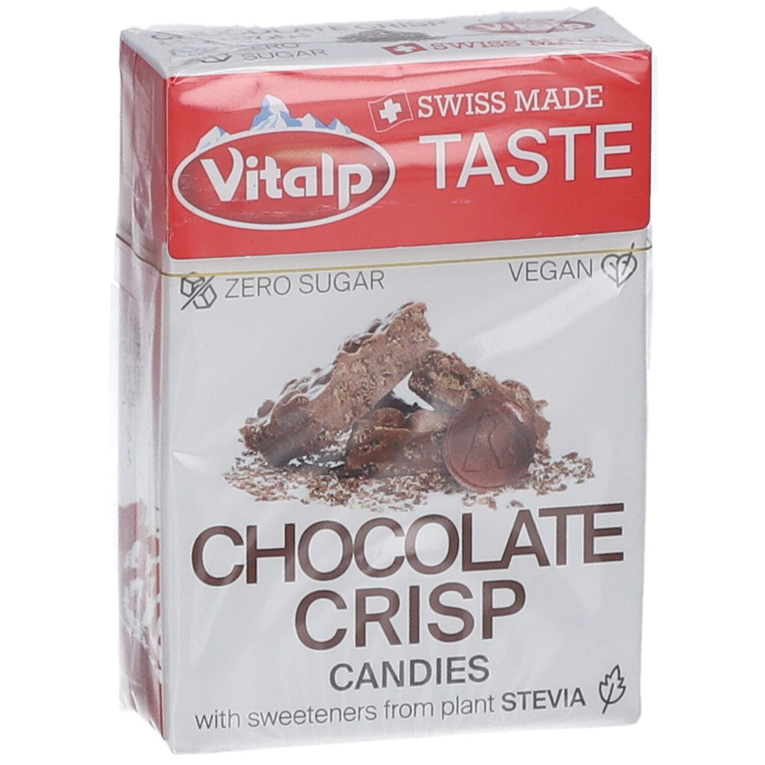 Emballage VITALP Bonbons sans sucre chocolate crisp. Boîte rouge et blanche avec image et texte. "Zero Sugar" et "Vegan".