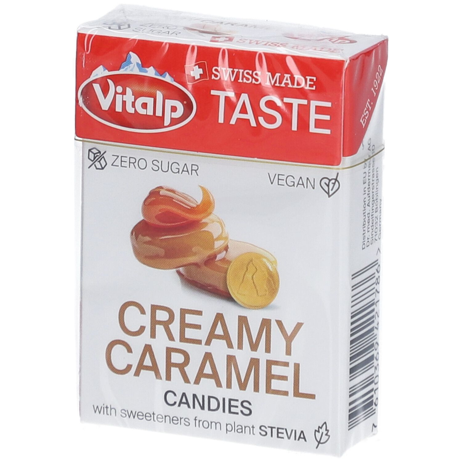 Verpackung mit VITALP Bonbons. Aufschrift: Creamy Caramel, ohne Zucker, vegan. Abbildung von Karamellbonbons.