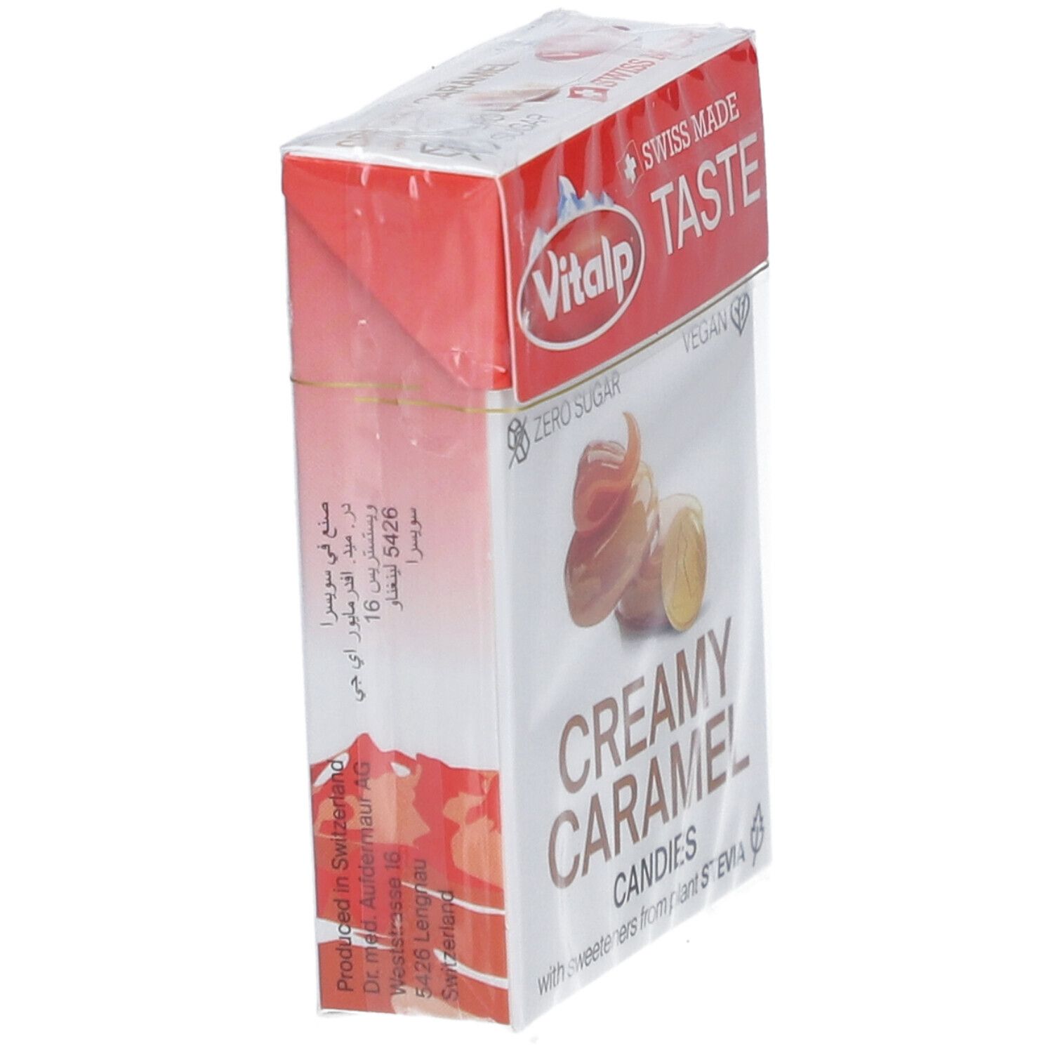 Verpackung VITALP Bonbons. Aufschrift: Creamy Caramel. Ansicht von der Seite. Swiss Made. Vegan.