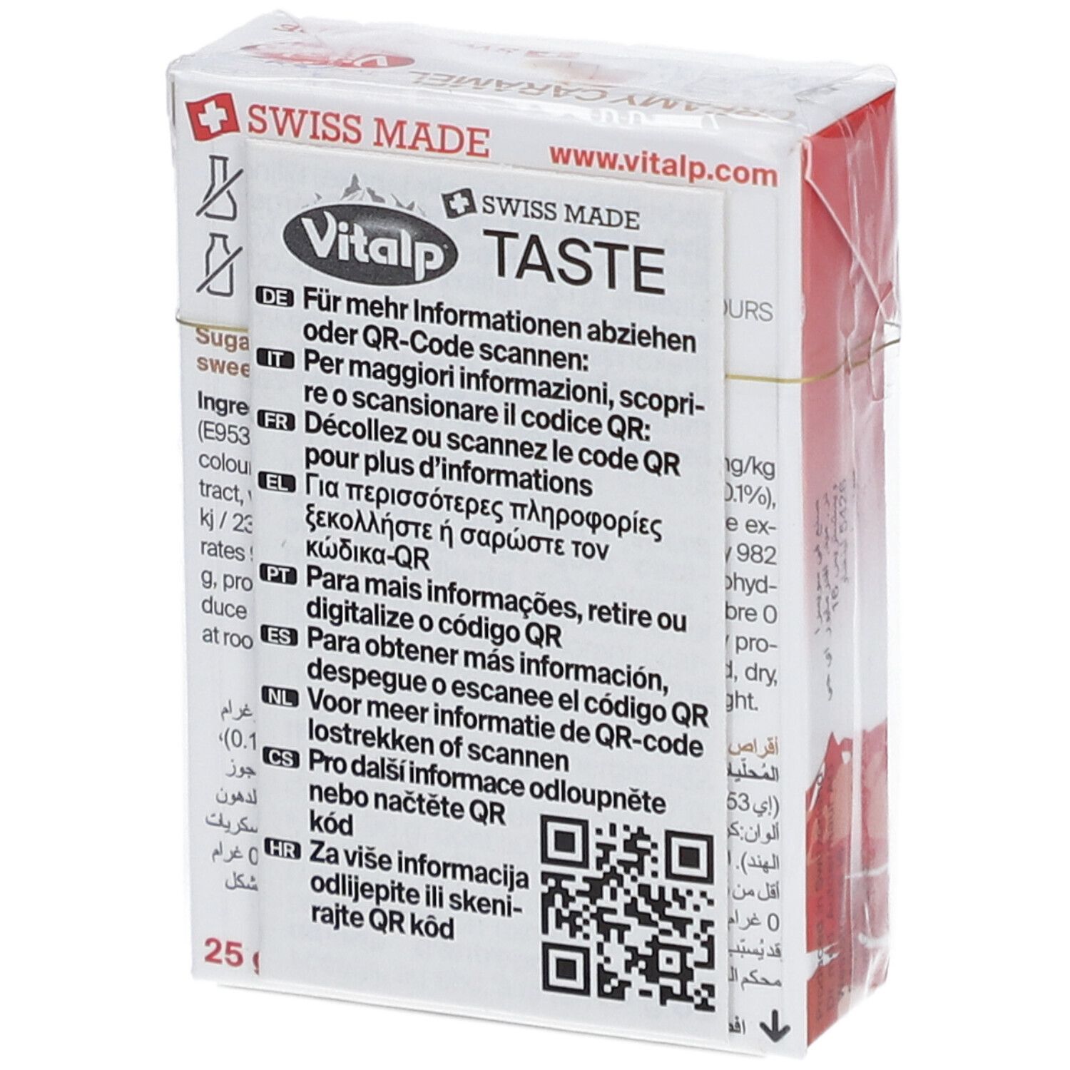 Verpackung VITALP Bonbons. Aufschrift: Creamy Caramel. QR-Code und Text in mehreren Sprachen. Swiss Made.