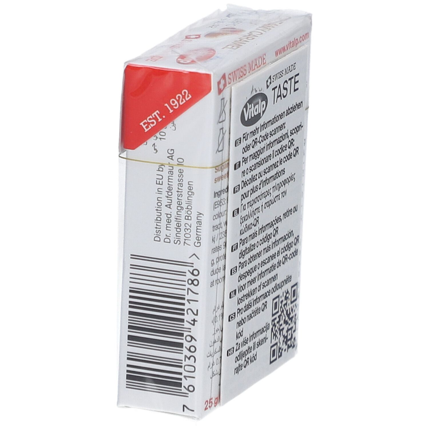 Verpackung VITALP Bonbons. Aufschrift: Creamy Caramel. Barcode und Text. Swiss Made. 25g.