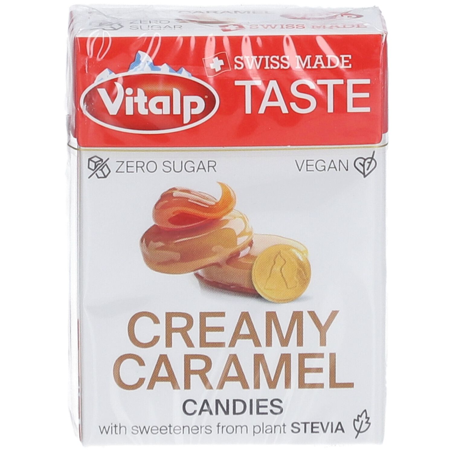 Verpackung VITALP Bonbons. Aufschrift: Creamy Caramel, ohne Zucker, vegan. Abbildung von Karamellbonbons. Swiss Made.