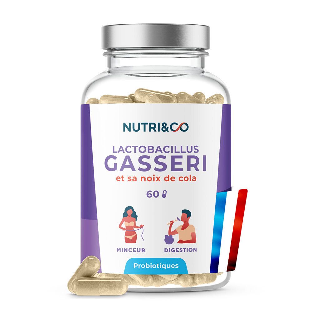 Kapseln in einer Glasflasche. Aufschrift: NUTRI&CO, Lactobacillus Gasseri. 60 Kapseln. Französische Flagge.
