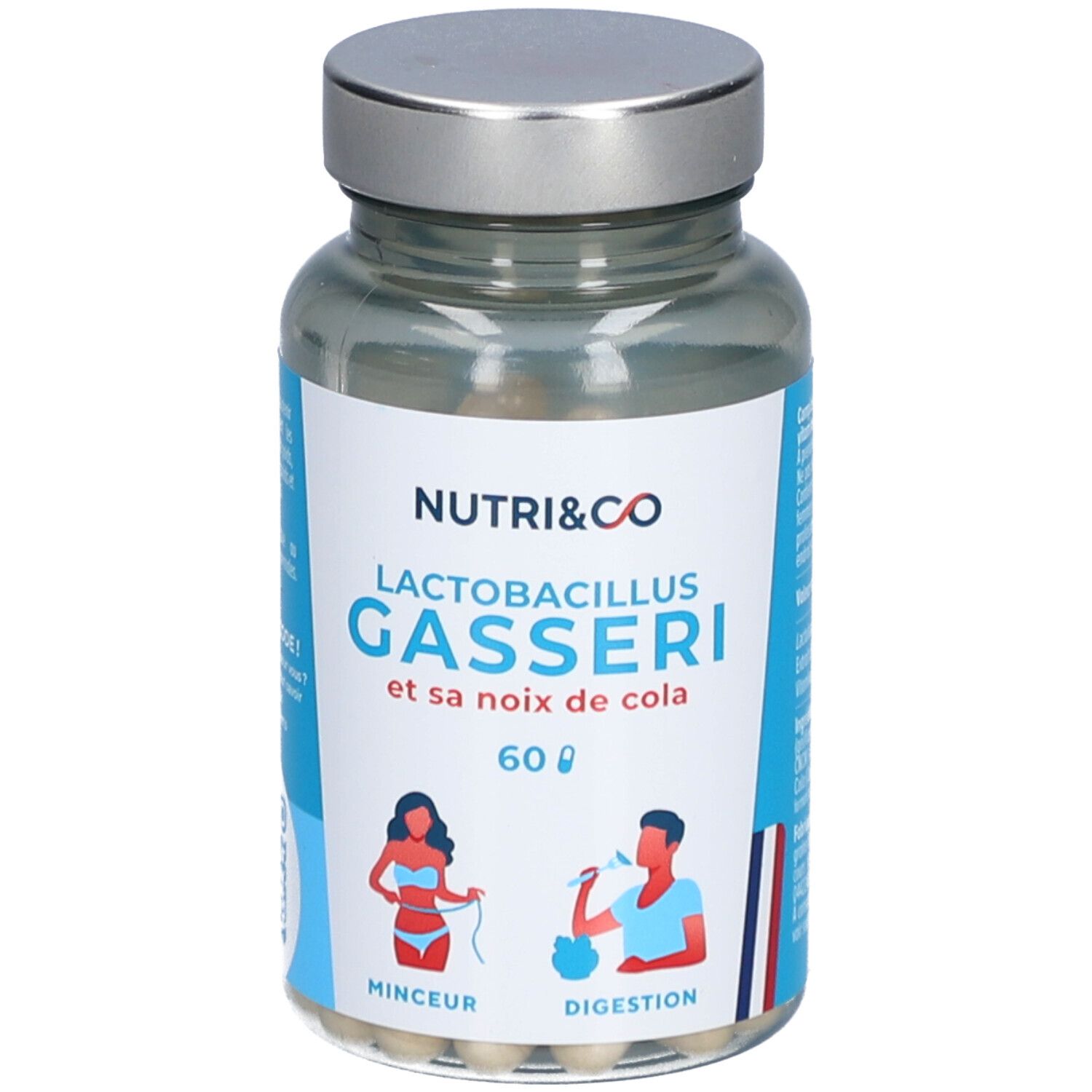 Glasflasche mit Kapseln. Aufschrift: NUTRI&CO, Lactobacillus Gasseri, 60 Kapseln. Französische Flagge.