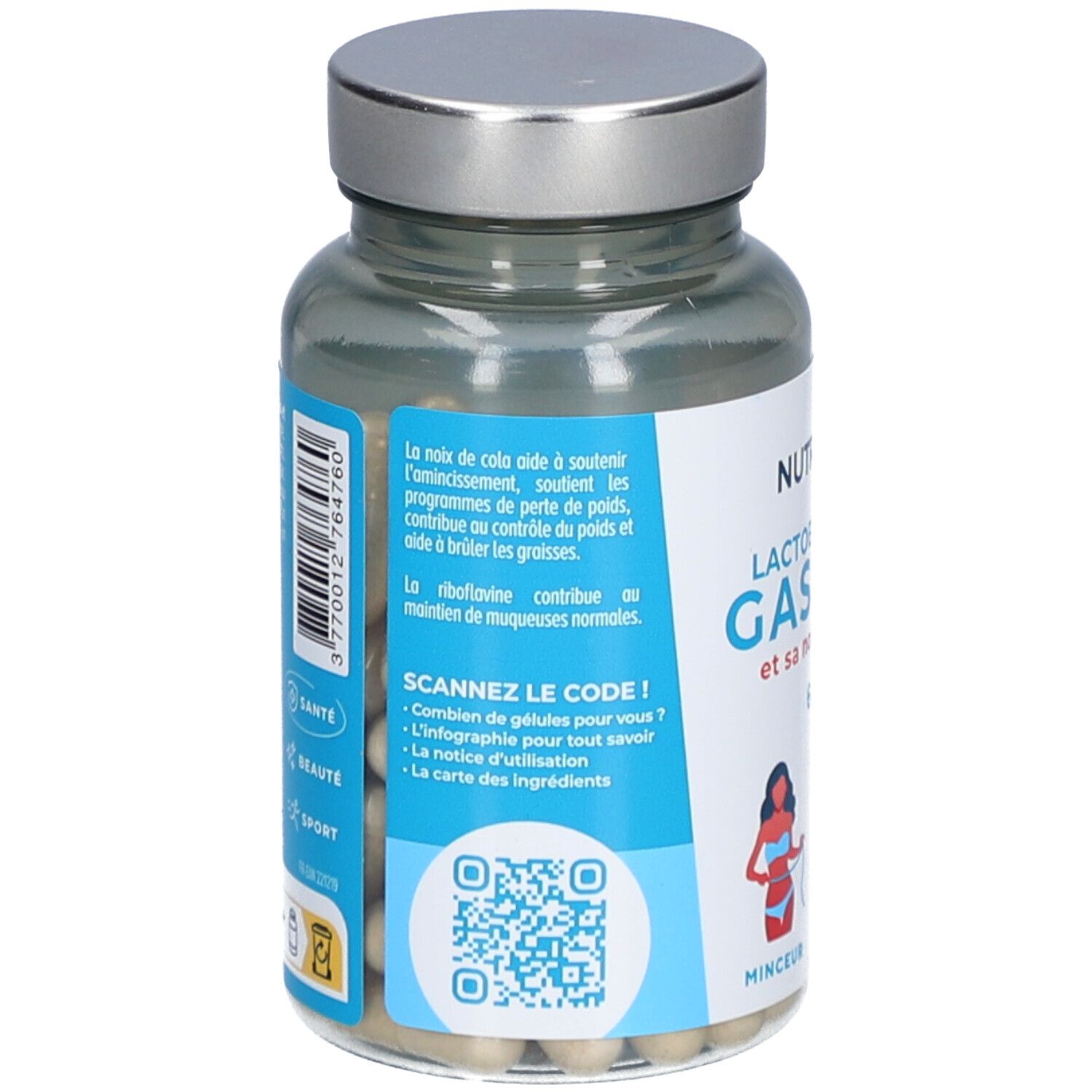 Rückseite der Flasche mit Produktinformationen. QR-Code und Text. Aufschrift: NUTRI&CO, Lactobacillus Gasseri.