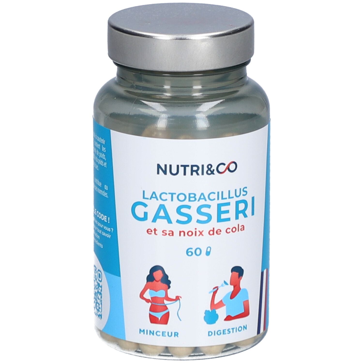 Glasflasche mit Kapseln. Aufschrift: NUTRI&CO, Lactobacillus Gasseri, 60 Kapseln. Französische Flagge.