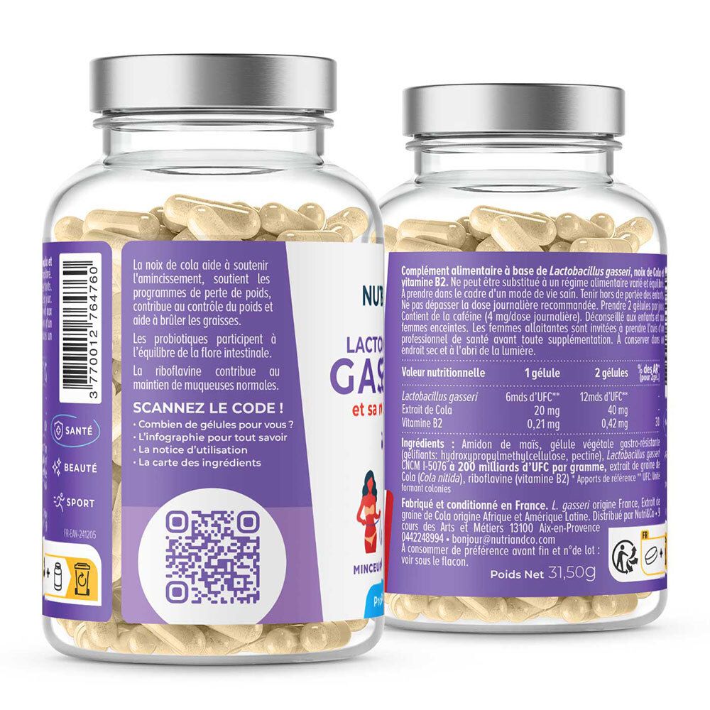 Rückseite der Flasche mit Produktinformationen. QR-Code und Text. Aufschrift: NUTRI&CO, Lactobacillus Gasseri.