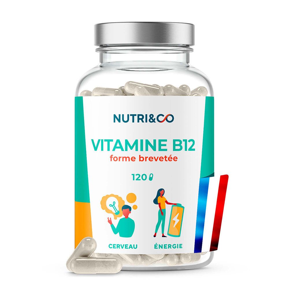 Flacon transparent avec gélules. Étiquette NUTRI&CO, Vitamine B12, 120 gélules. Drapeau français.