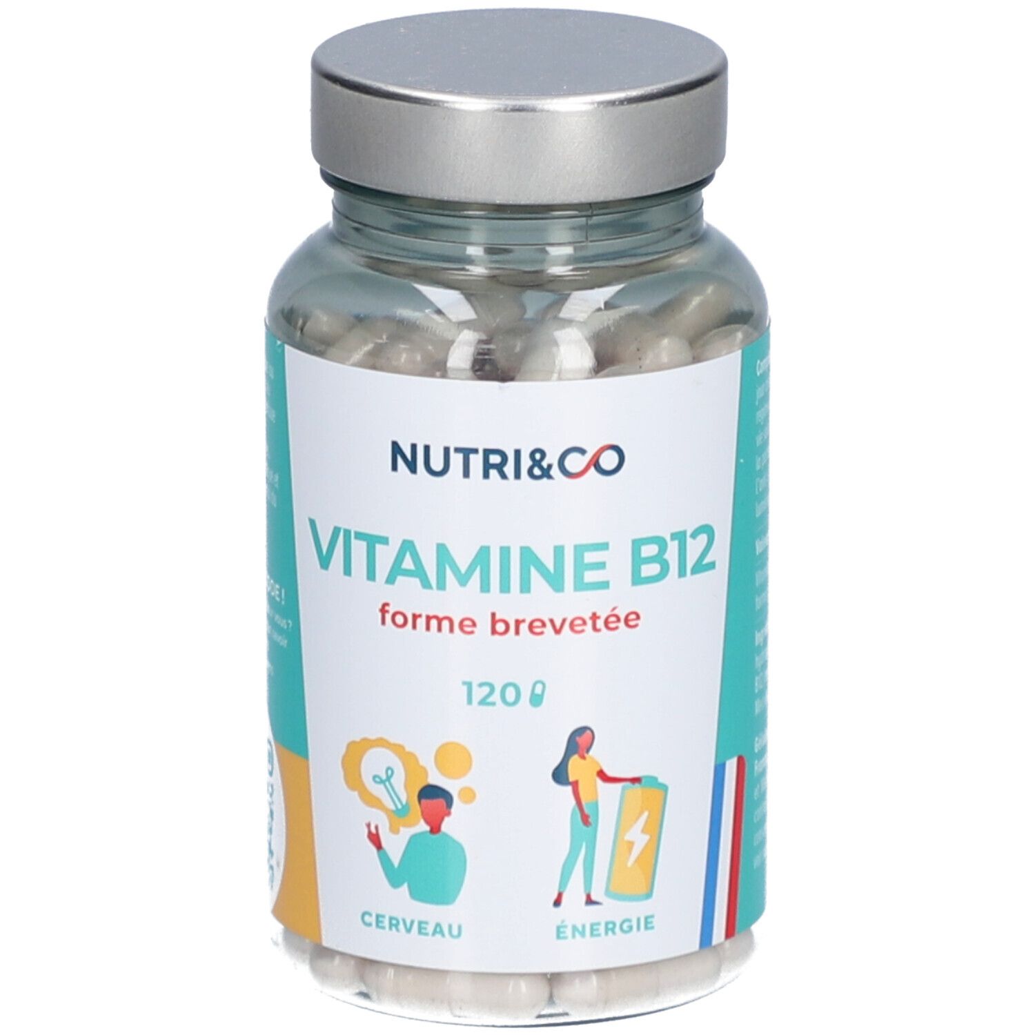 Flacon transparent avec gélules. Étiquette NUTRI&CO, Vitamine B12, 120 gélules. Drapeau français.