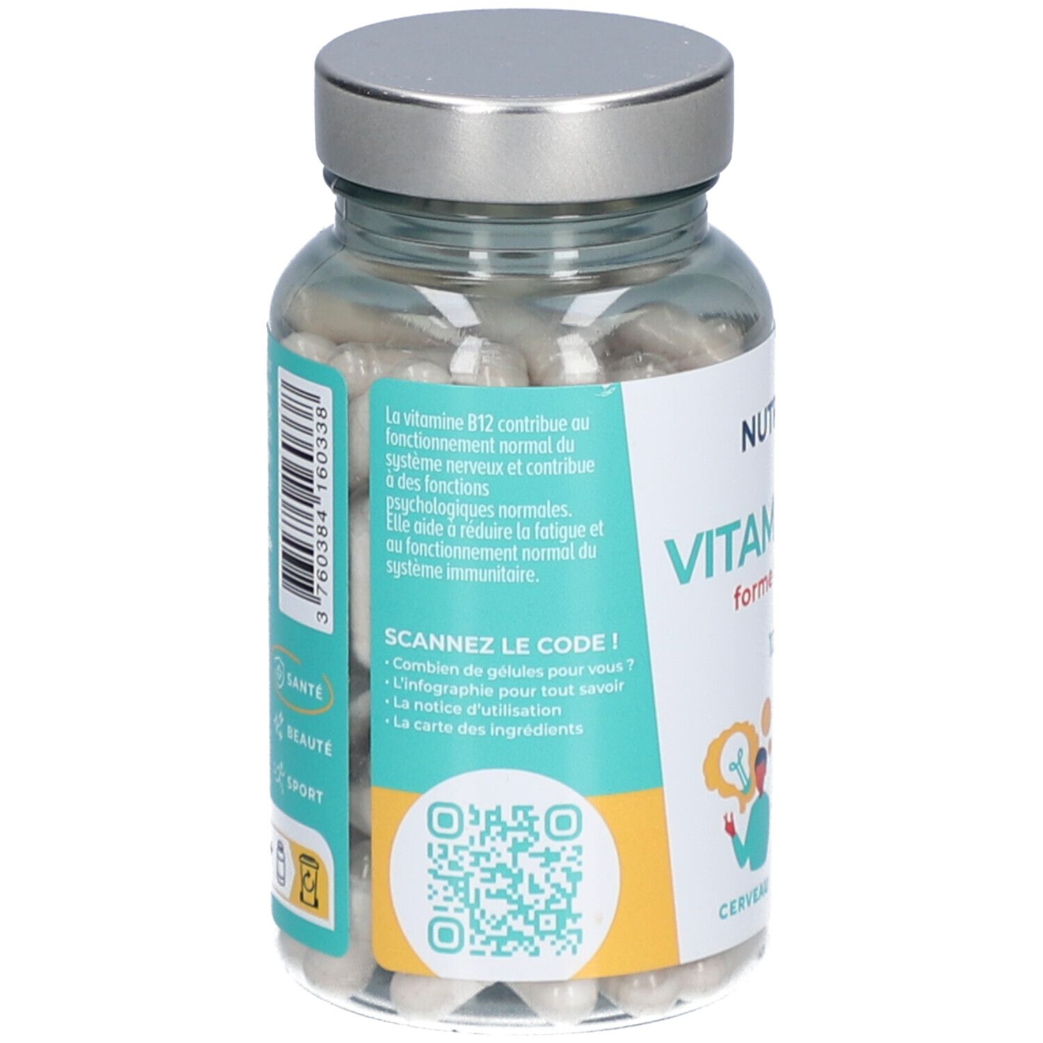 Dos du flacon avec étiquette. Texte: Vitamine B12, code QR, ingrédients. Logo Vegan.
