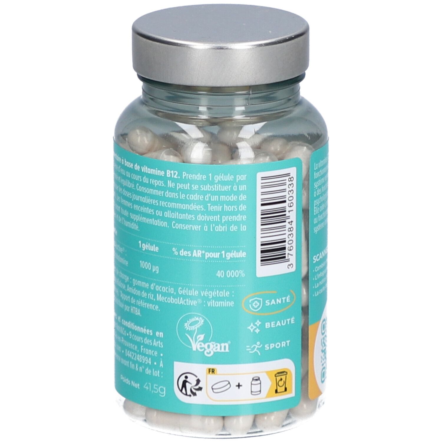 Gros plan sur l'étiquette. Informations nutritionnelles, ingrédients, logo Vegan. Poids net: 41,5g.