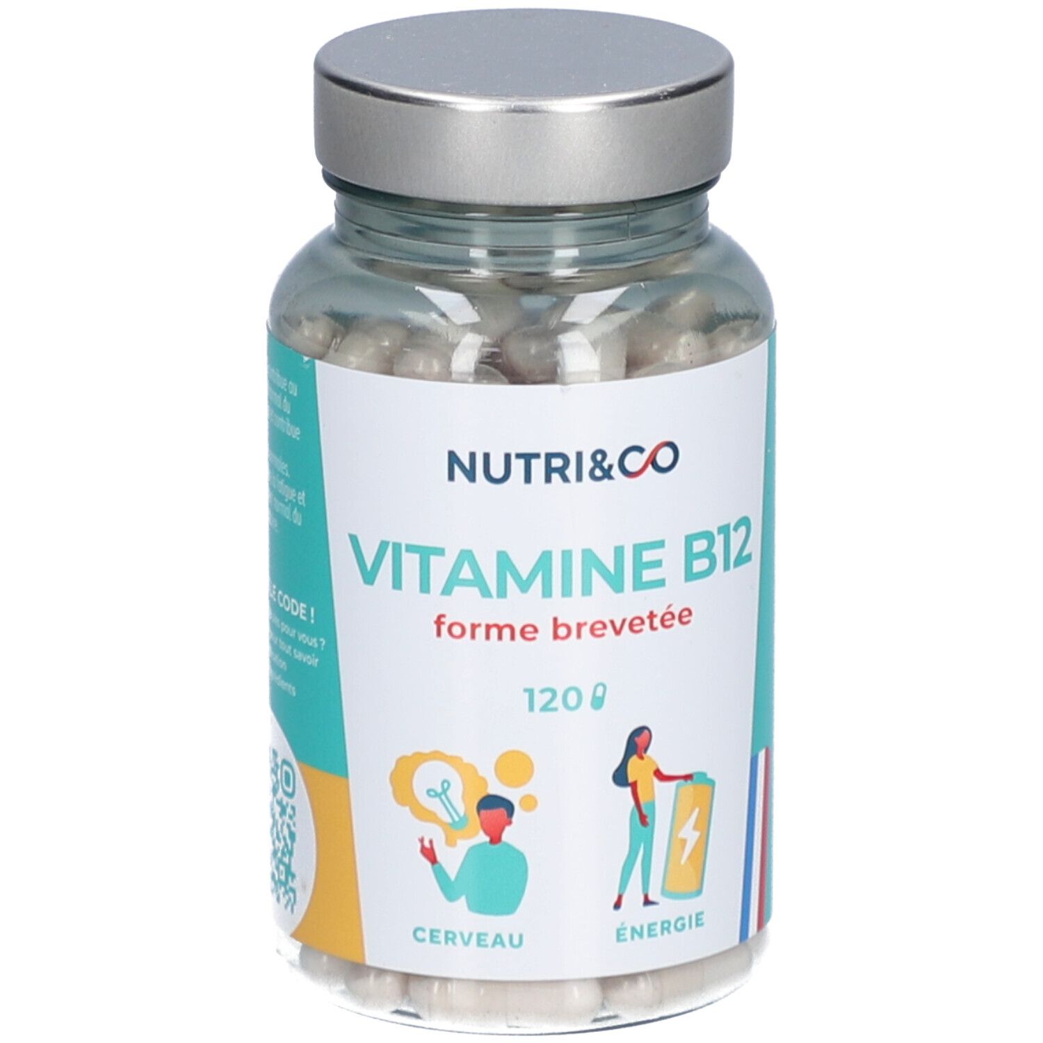 Flacon transparent avec gélules. Étiquette NUTRI&CO, Vitamine B12, 120 gélules. Drapeau français.