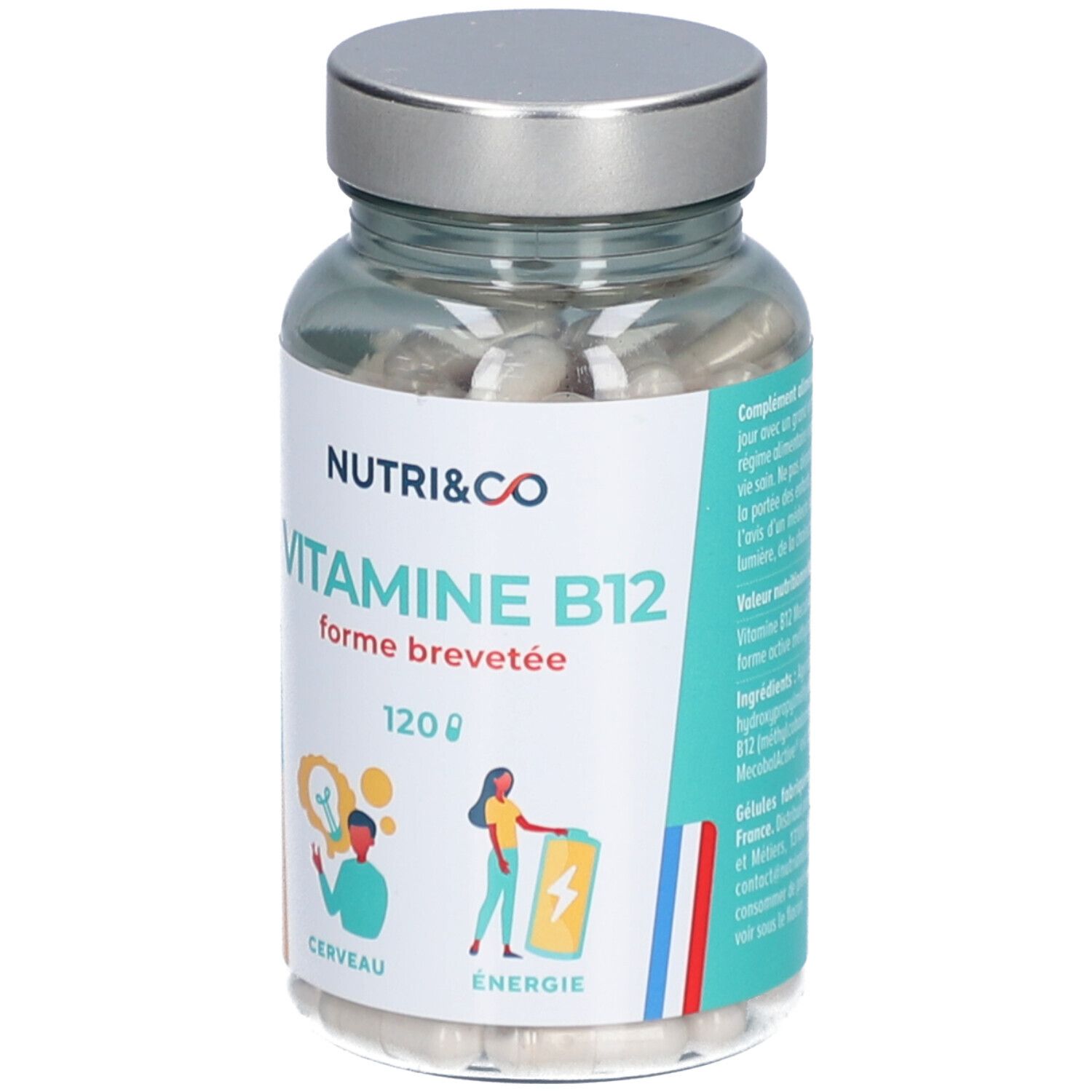 Flacon transparent avec gélules. Étiquette NUTRI&CO, Vitamine B12, 120 gélules. Drapeau français.