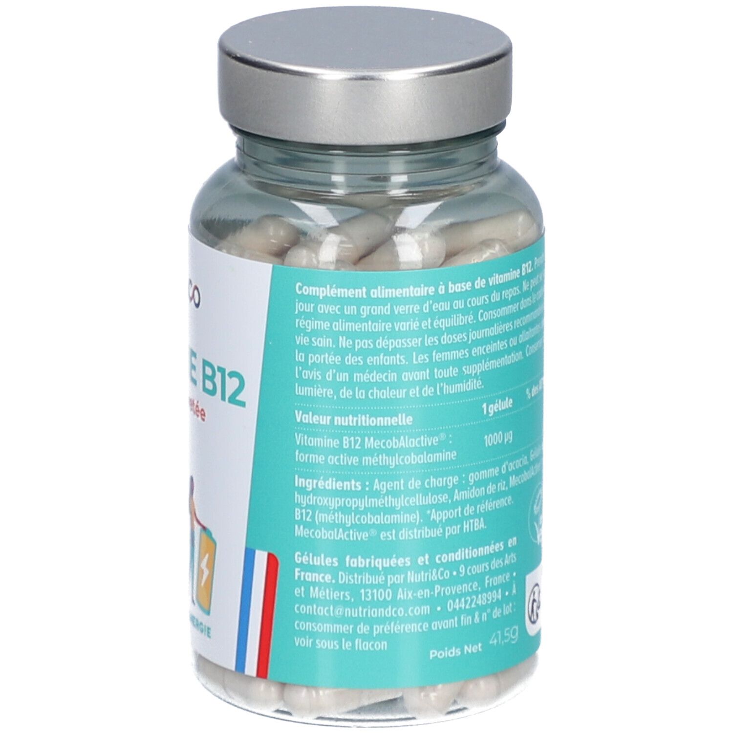 Dos du flacon avec étiquette. Texte: Vitamine B12, code QR, ingrédients. Logo Vegan.