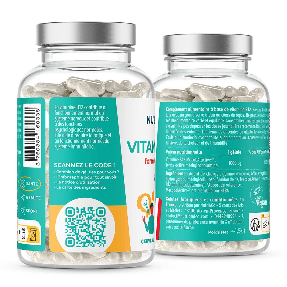 Dos du flacon avec étiquette. Texte: Vitamine B12, code QR, ingrédients. Logo Vegan.