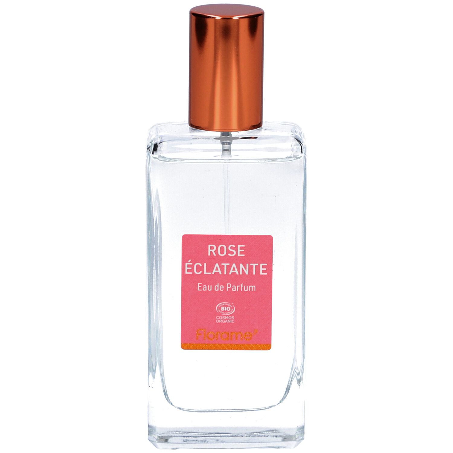 Klarer Flakon mit kupferfarbenem Verschluss. Rosa Etikett mit Text. Bio-Zertifizierung.