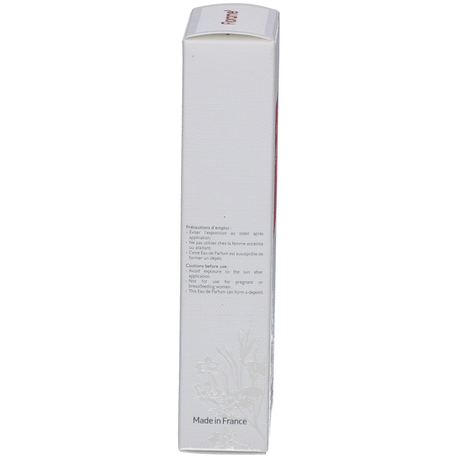 Weiße Verpackung, Seitenansicht. Text und Herkunftsland: Made in France.