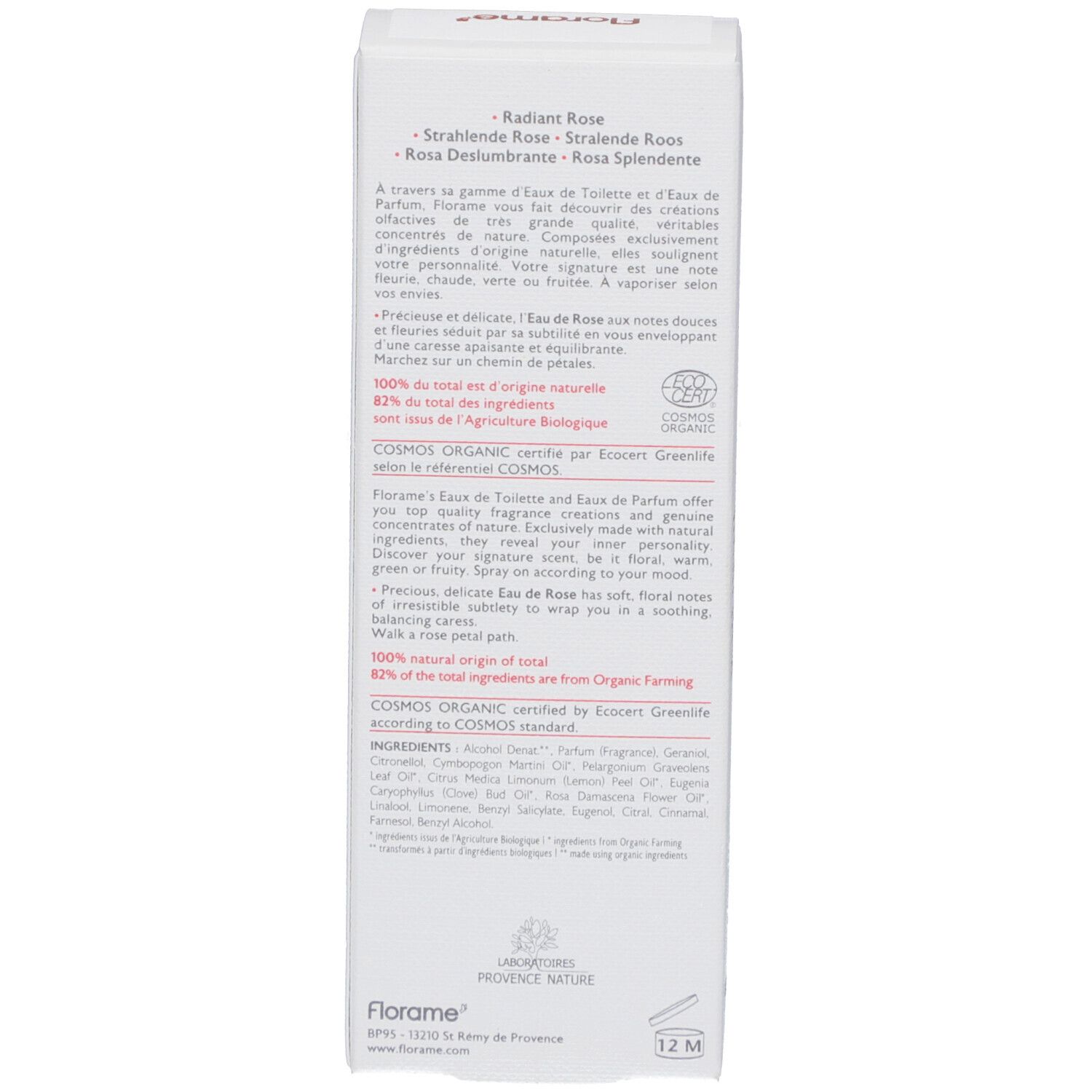 Weiße Verpackung, Rückseite. Text in mehreren Sprachen. Bio-Zertifizierung.