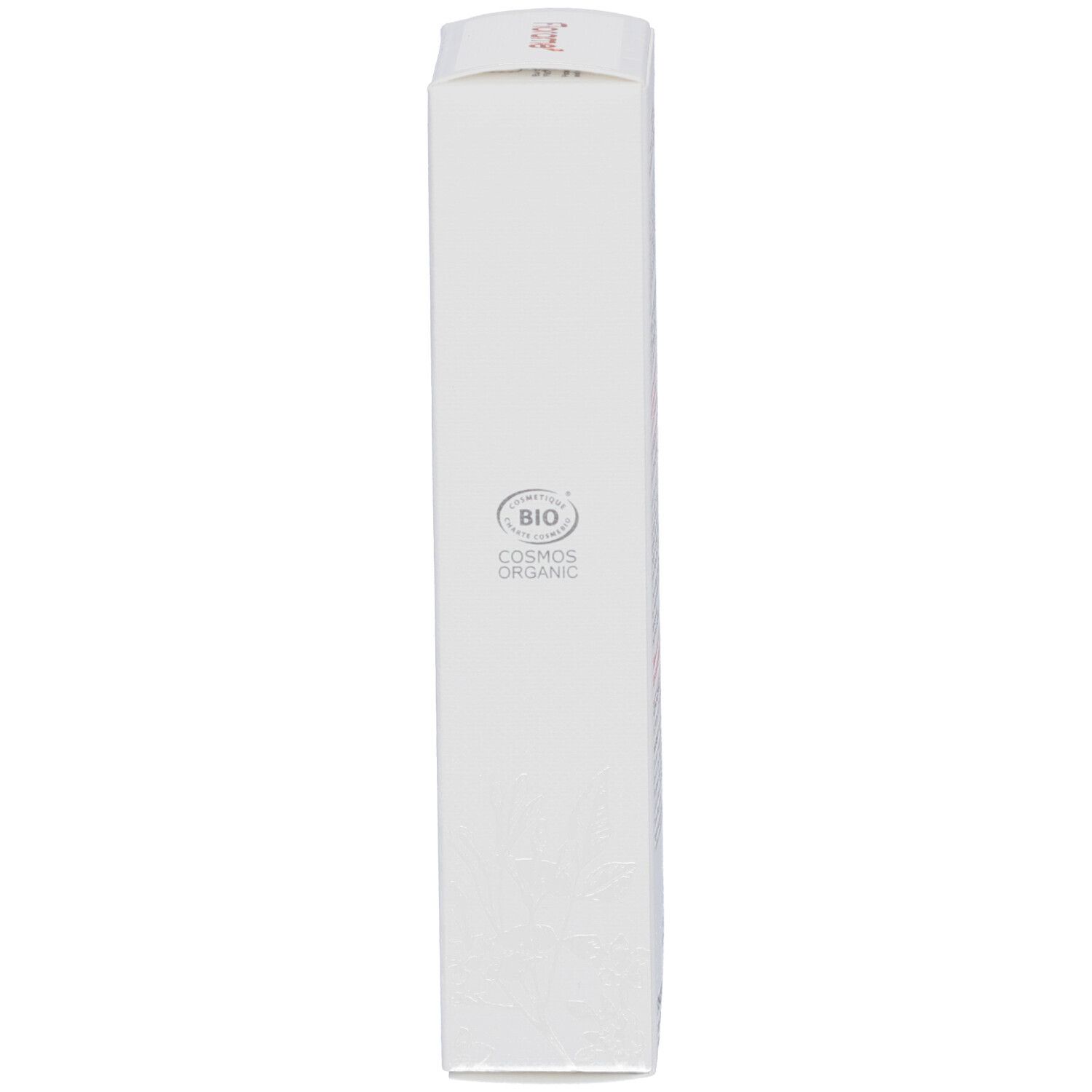 Weiße Verpackung, Seitenansicht. Bio-Zertifizierung und Text.