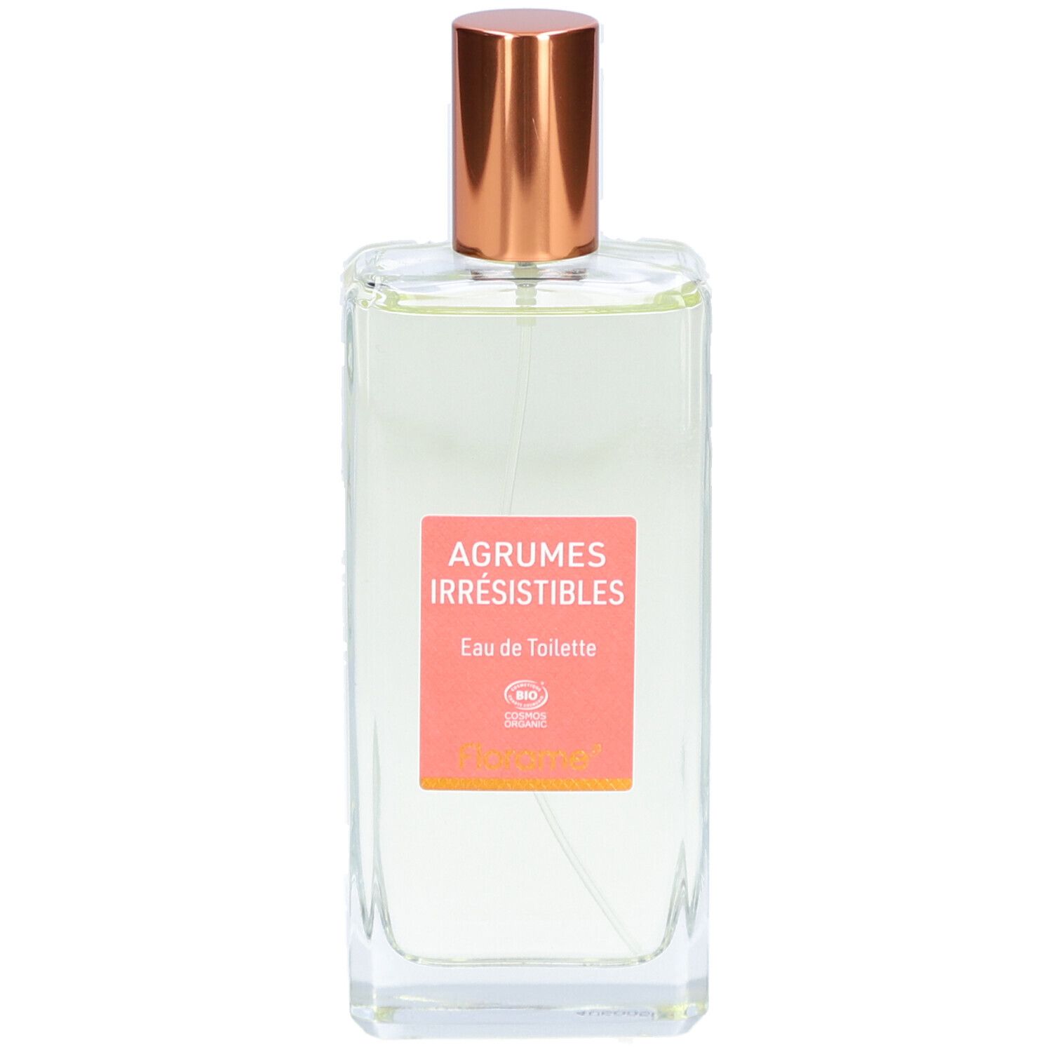 Rechteckige Glasflasche mit roségoldfarbenem Verschluss. Enthält Eau de Toilette mit Etikett 'Agrumes Irresistibles'.
