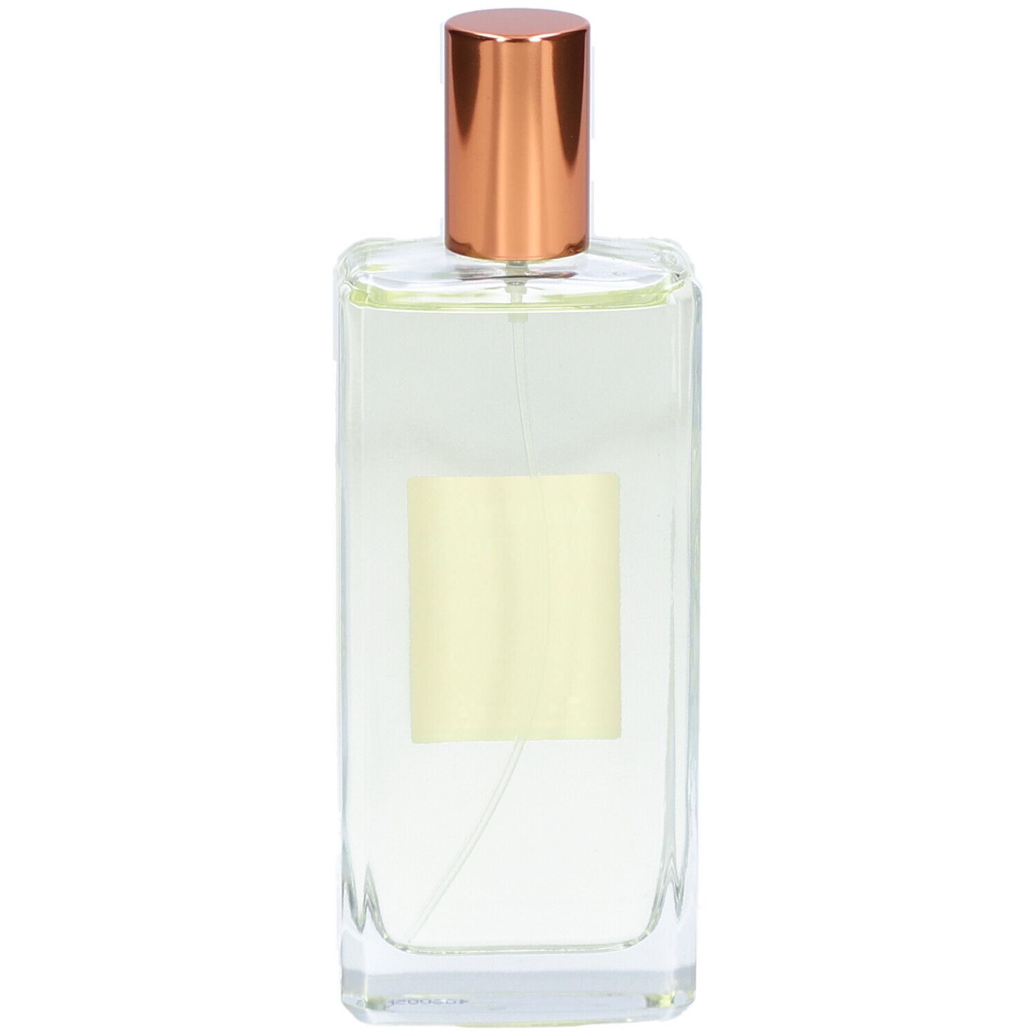 Rechteckige Glasflasche mit hellem Inhalt und kupferfarbenem Verschluss.