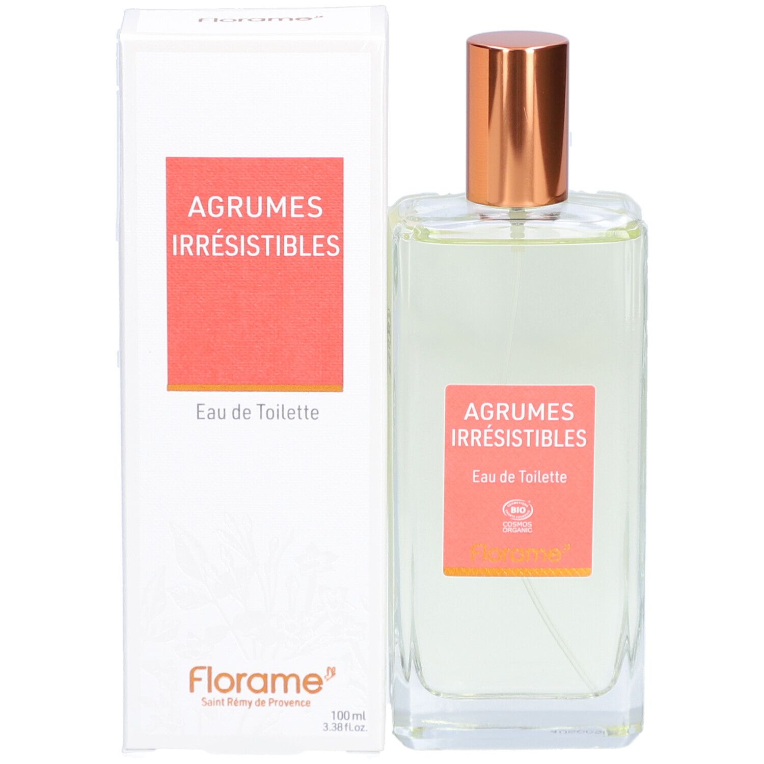 Florame Eau de Toilette Flakon mit rosa Etikett und Kupferverschluss, daneben die passende Verpackung.