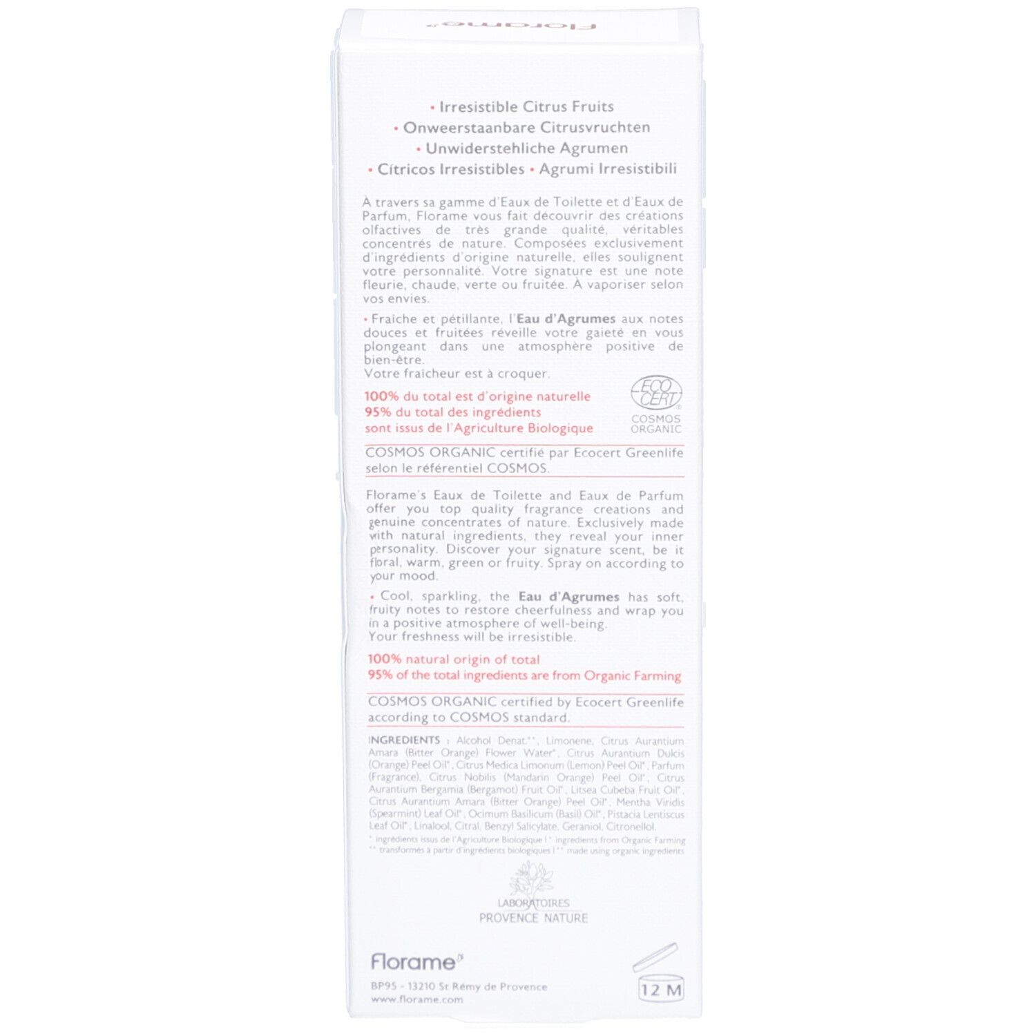 Florame Eau d'Agrumes Kosmetikverpackung mit Produktinformationen und Zertifizierungen.