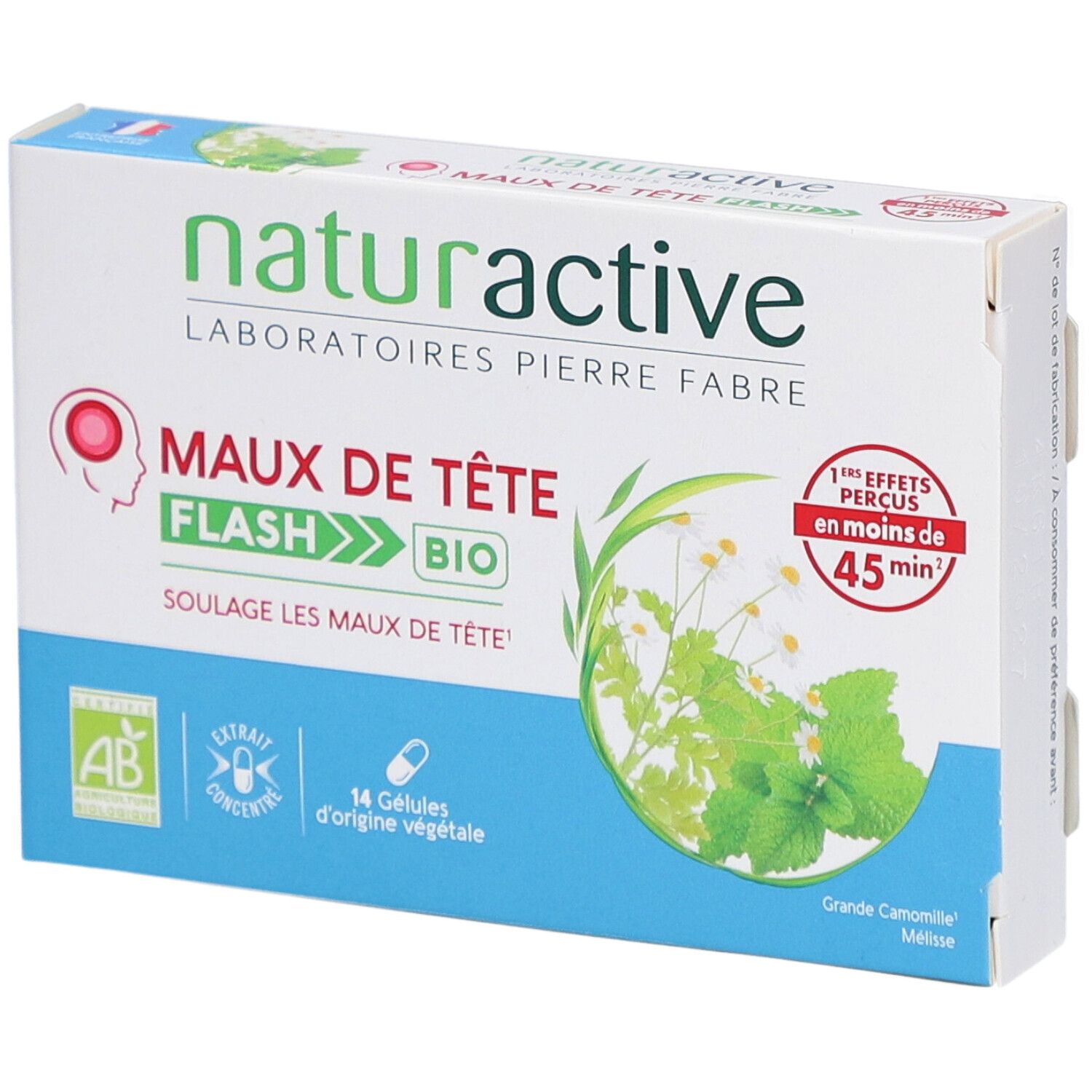 Boîte de Naturactive Maux de Tête Flash Bio. Inscription : 14 gélules d'origine végétale. Certification AB.