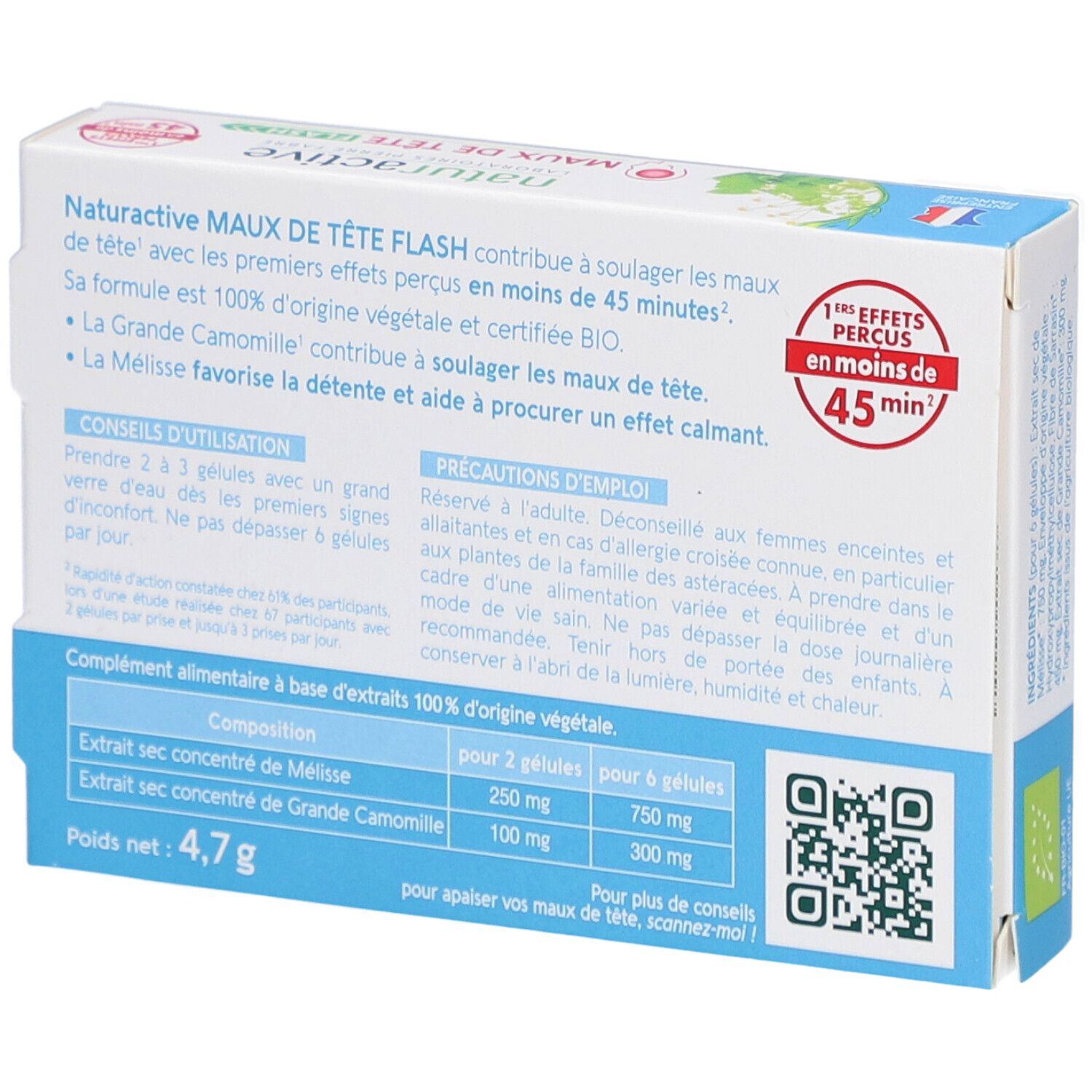 Dos de la boîte Naturactive Maux de Tête Flash Bio. Texte : ingrédients, dosage, précautions, poids 4,7g.