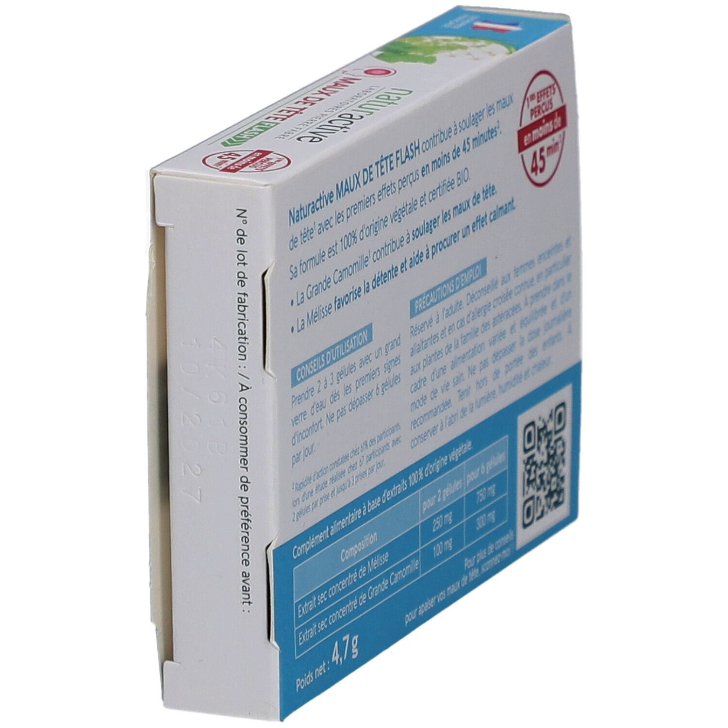 Boîte Naturactive Maux de Tête Flash Bio, en biais. Texte : ingrédients, dosage, précautions, poids 4,7g.