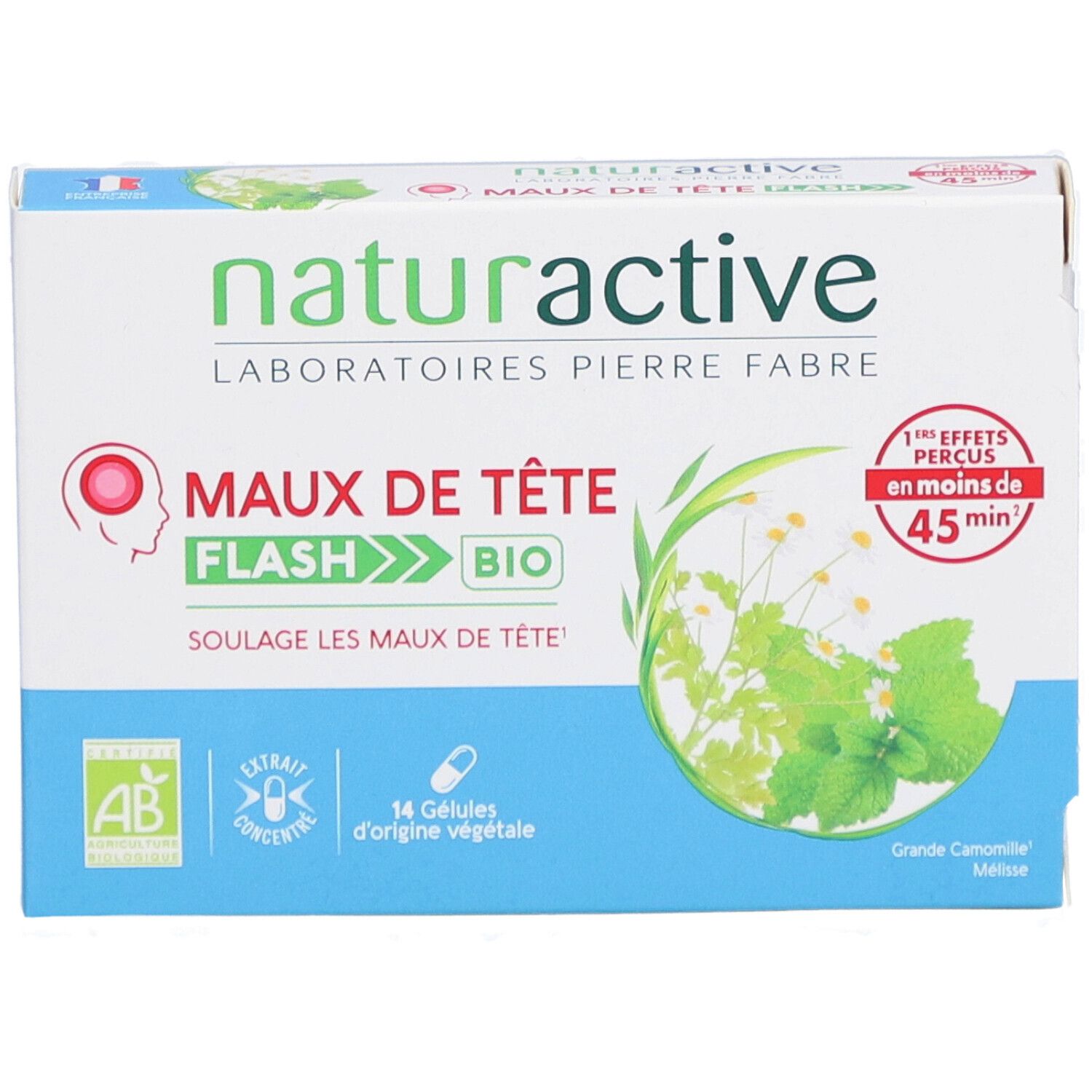 Boîte Naturactive Maux de Tête Flash Bio. Inscription : 14 gélules d'origine végétale. Certification AB. Effets en 45 minutes.
