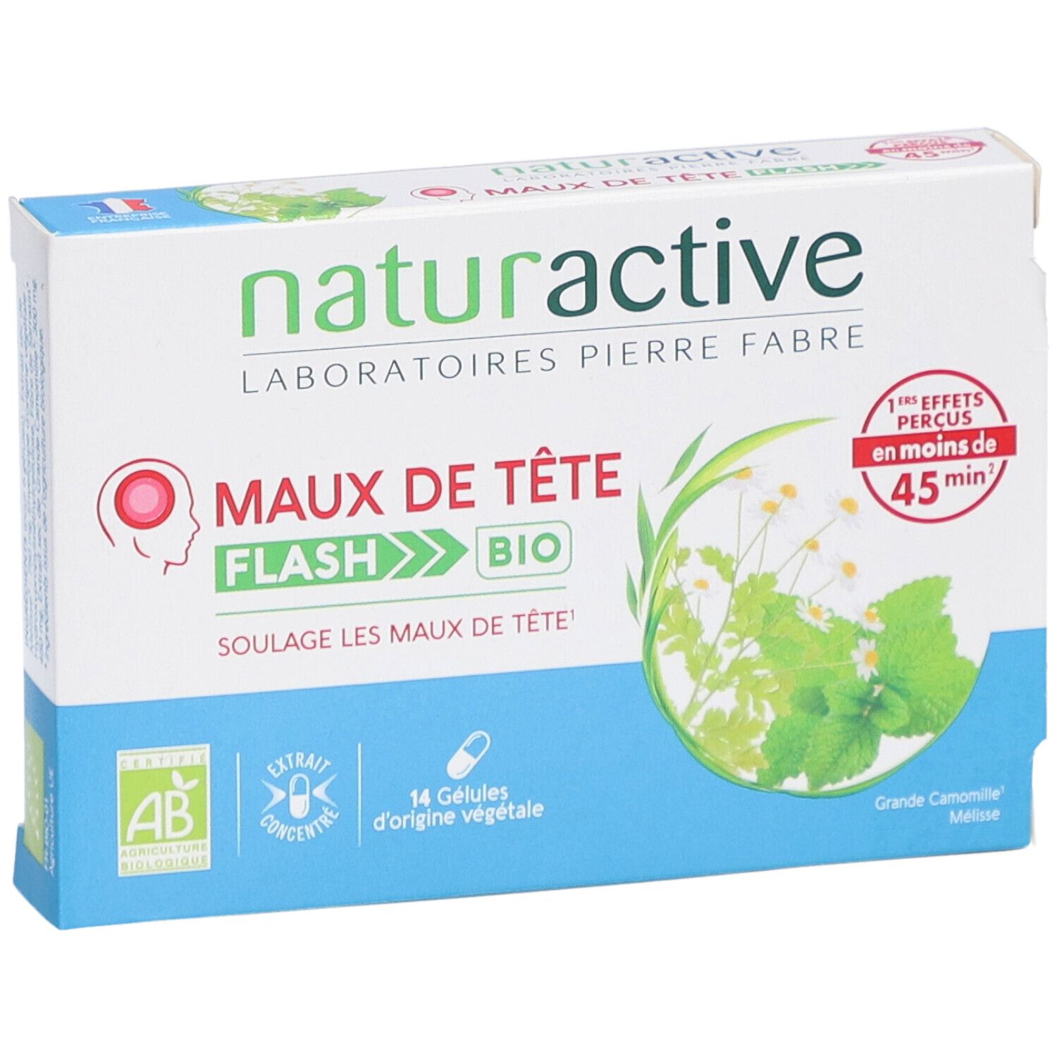 Boîte Naturactive Maux de Tête Flash Bio. Inscription : 14 gélules d'origine végétale. Certification AB. Effets en 45 minutes.