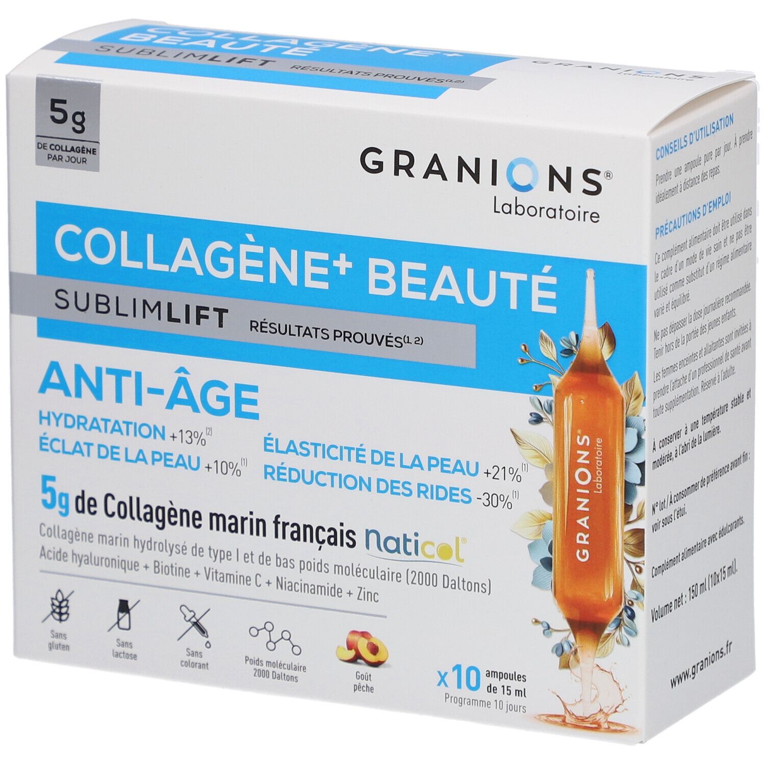Karton mit Ampullen. Aufschrift: COLLAGÈNE+ BEAUTÉ, ANTI-ÂGE. Enthält 10 Ampullen. Marke: Granions.