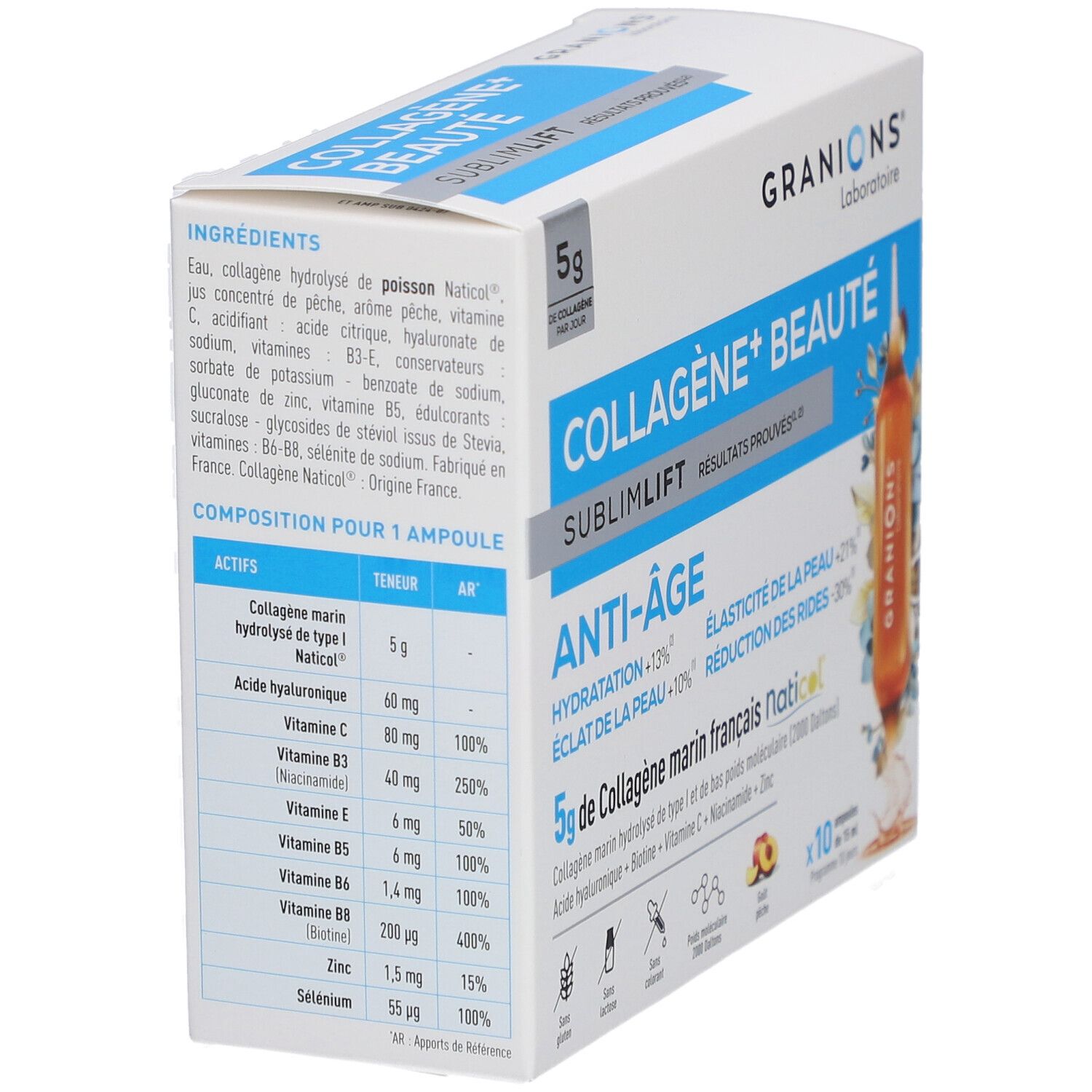 Rückseite der Verpackung. Enthält Inhaltsstoffe und Nährwertangaben. Marke: Granions. Produkt: COLLAGÈNE+ BEAUTÉ.