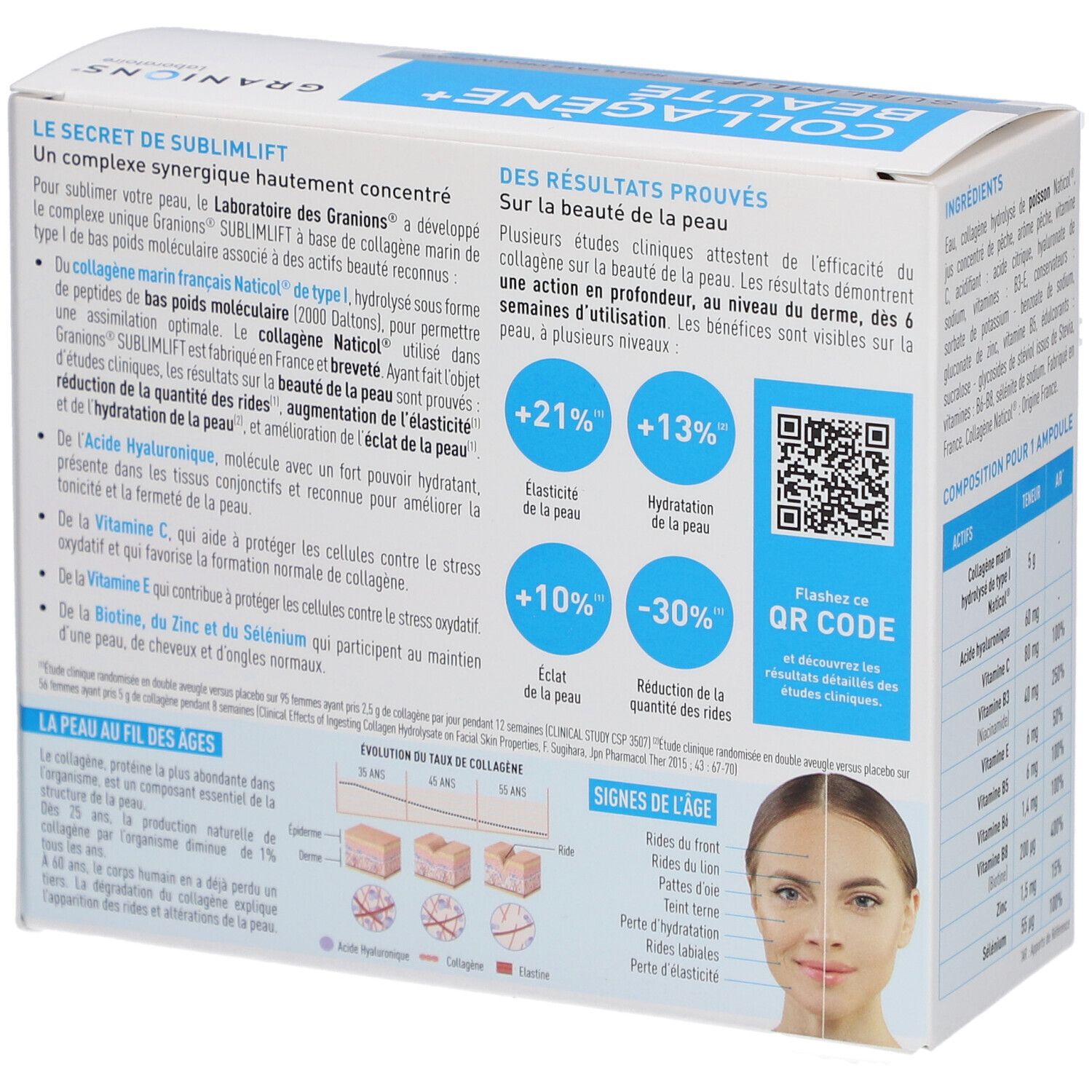 Verpackung mit Text und Grafiken. Enthält Informationen zu den Ergebnissen. Marke: Granions. Produkt: COLLAGÈNE+ BEAUTÉ.