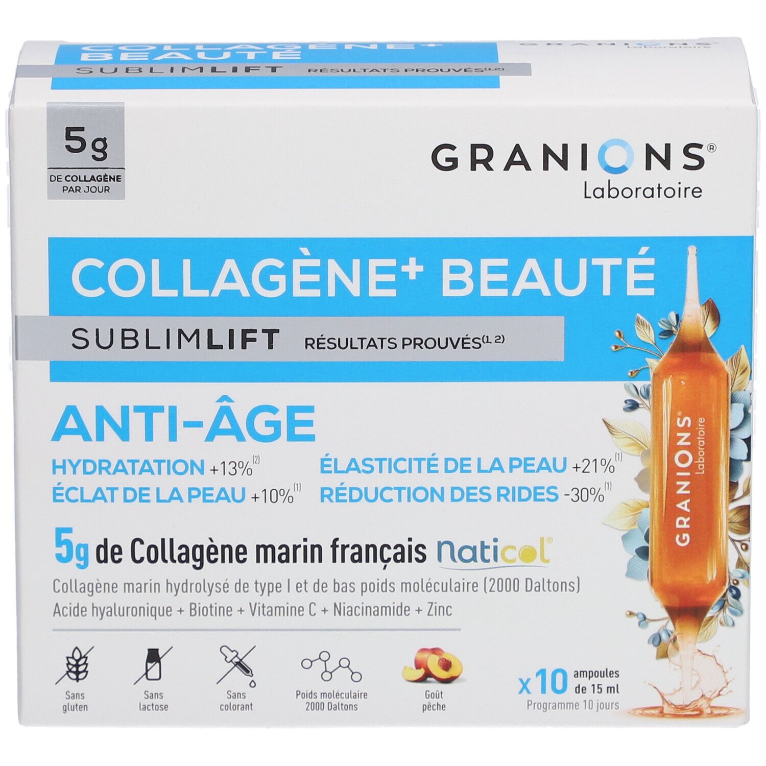 Karton mit Ampullen. Aufschrift: COLLAGÈNE+ BEAUTÉ, ANTI-ÂGE. Enthält 10 Ampullen. Marke: Granions.