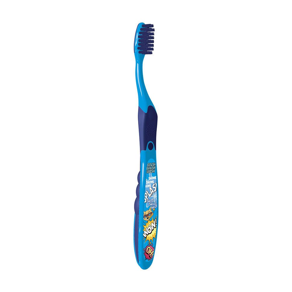 Brosse à dents bleue pour enfants avec motifs BD. Manche bleu et bleu foncé. Soies bleues.