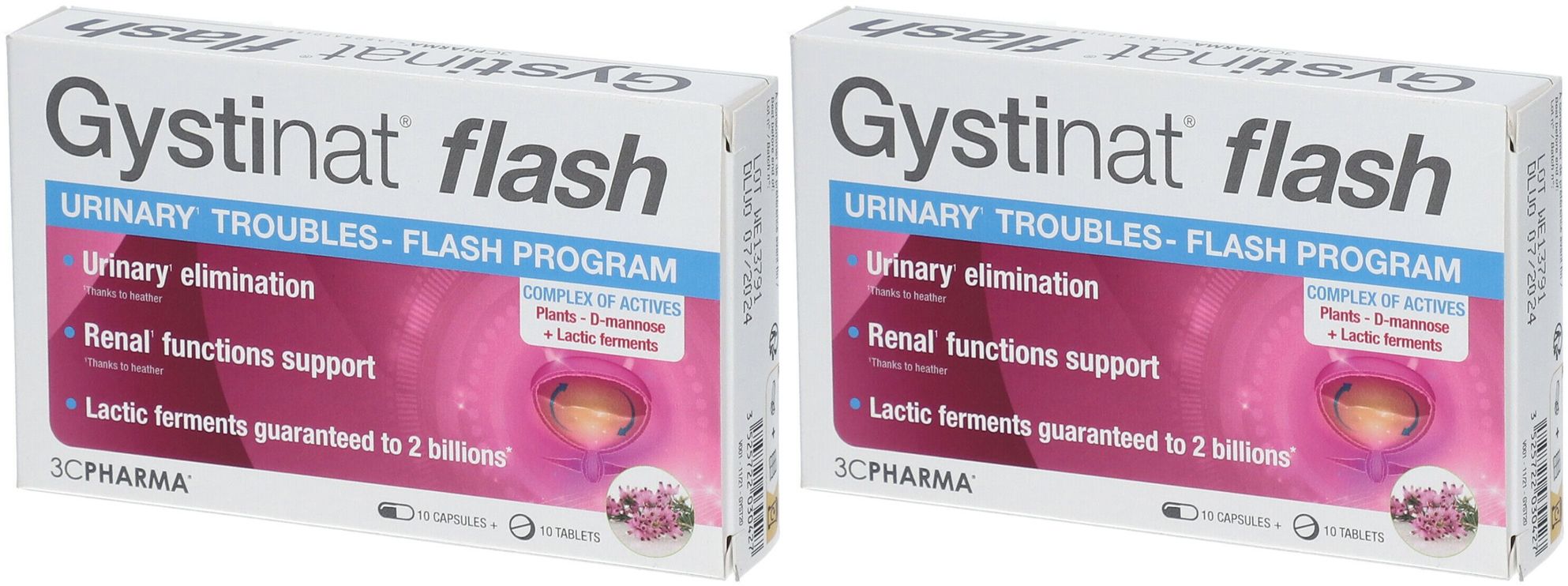 Deux boîtes de Gystinat flash. Inscription : Urinary Troubles - Flash Program. Soutien de la fonction rénale et élimination urinaire.