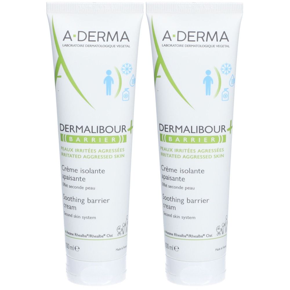 Deux tubes de crème. Inscription : A-DERMA, DERMALIBOUR+ BARRIER, Crème isolante, Soothing barrier cream. Fond blanc.