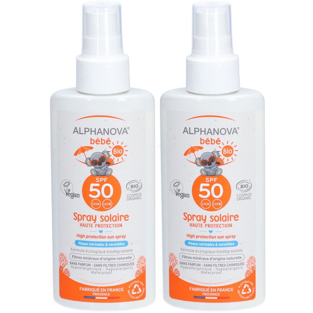 Deux flacons de spray solaire ALPHANOVA bébé SPF 50. Protection haute, peau sensible. Certifié bio, vegan. Fabriqué en France.