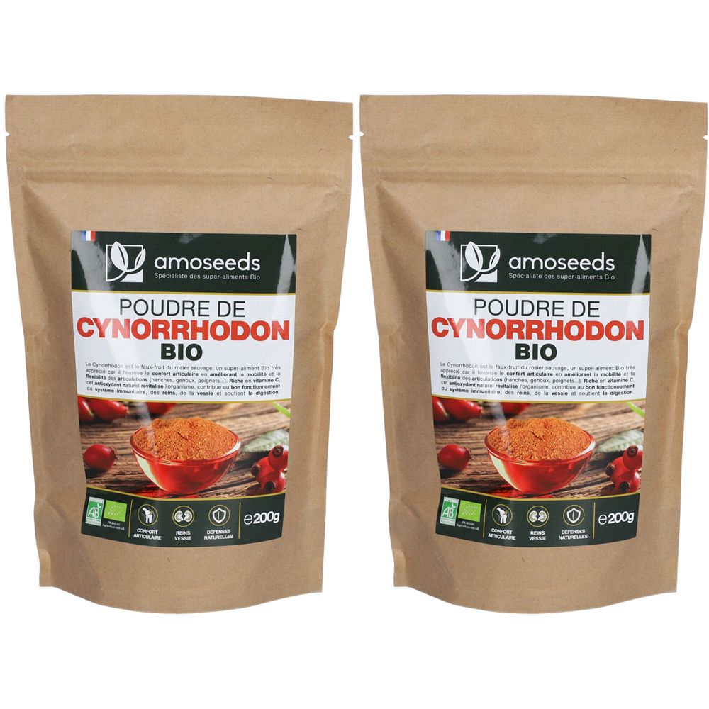 Zwei Beutel AMOSEEDS Bio-Hagebuttenpulver. Braune Papierverpackung mit Etikett. Aufschrift: Poudre de Cynorrhodon BIO. Bio-Siegel.