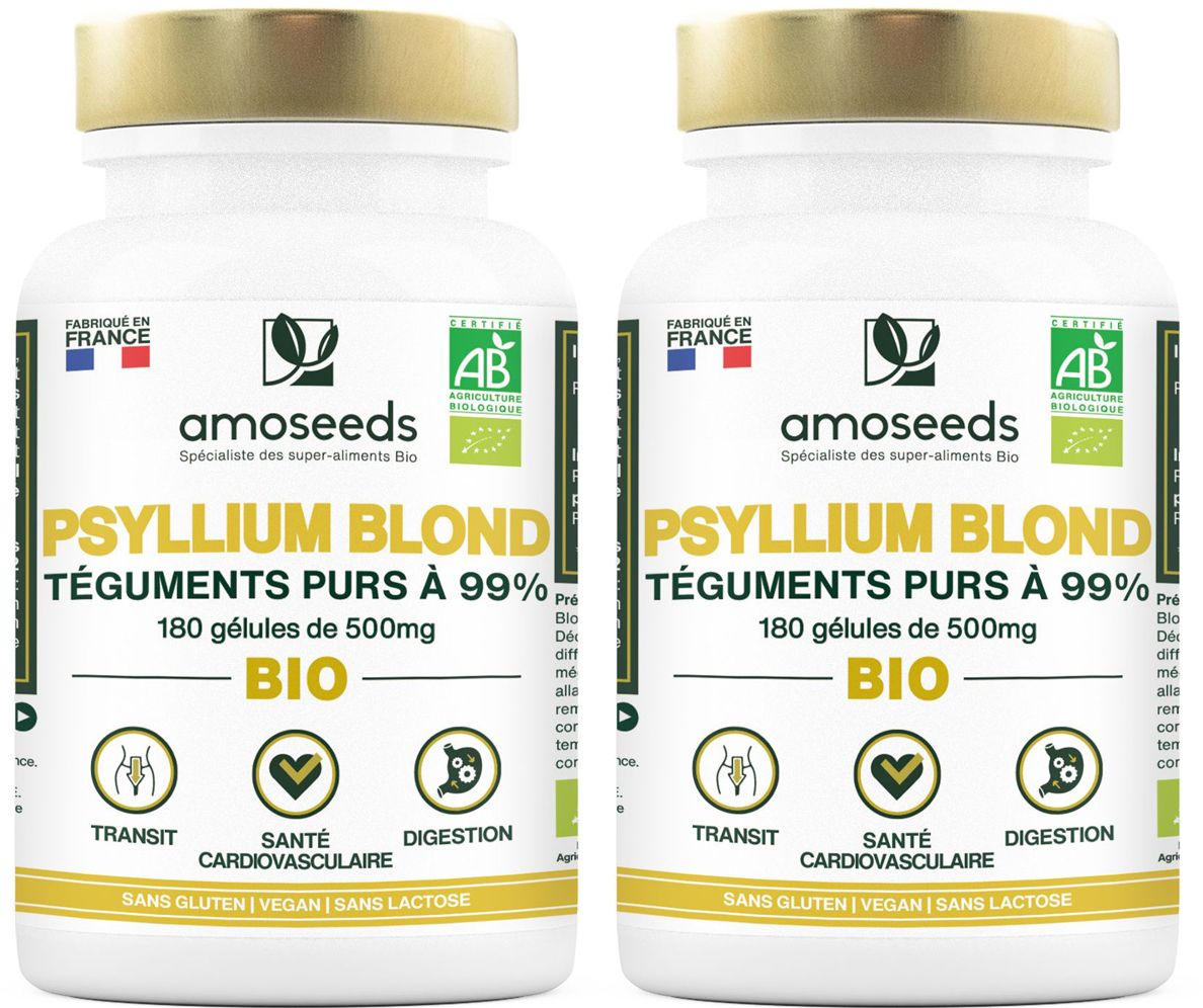 Zwei weiße Flaschen mit goldfarbenen Deckeln. Aufschrift: amoseeds PSYLLIUM BLOND BIO, 180 Kapseln, Bio-Zertifizierung, glutenfrei, vegan, laktosefrei.