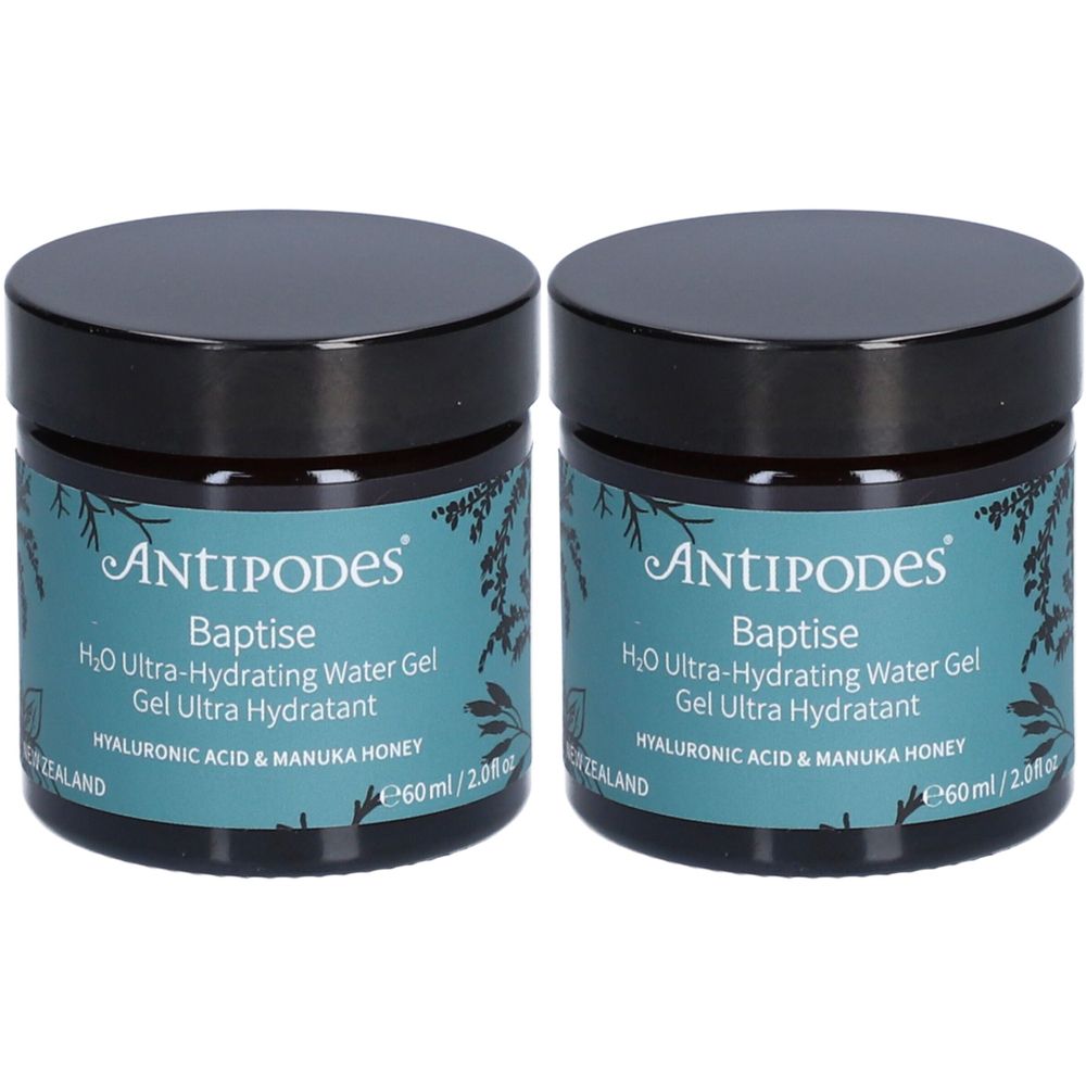 Deux pots avec couvercles noirs. Étiquettes : "Antipodes Baptise H2O Ultra-Hydrating Water Gel".