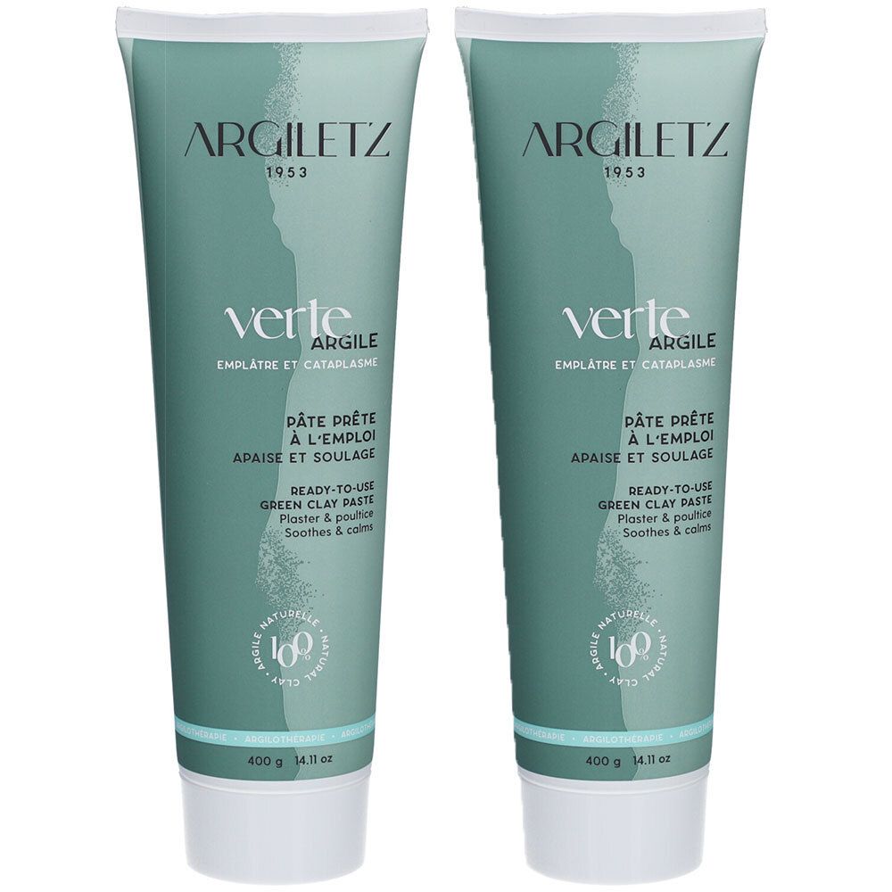 Deux tubes verts. Inscription: ARGILETZ, 1953, verte Argile. Pâte prête à l'emploi. 400g. Label: Argile naturelle.