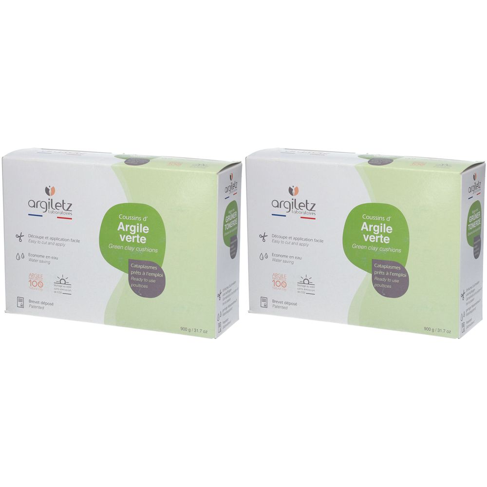 Zwei Kartons mit Argiletz Coussins d'Argile verte. Weißer Karton mit grüner Beschriftung. Produktname und Logo deutlich sichtbar.